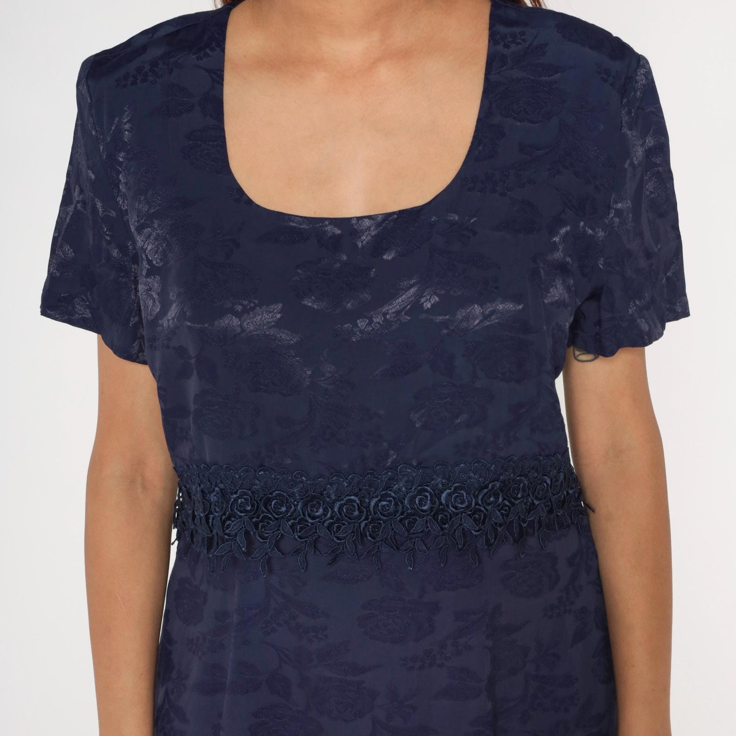 90s Navy Floral Jacquard Dress Short Sleeve Scoop Neck A-Line Lace Trim Large