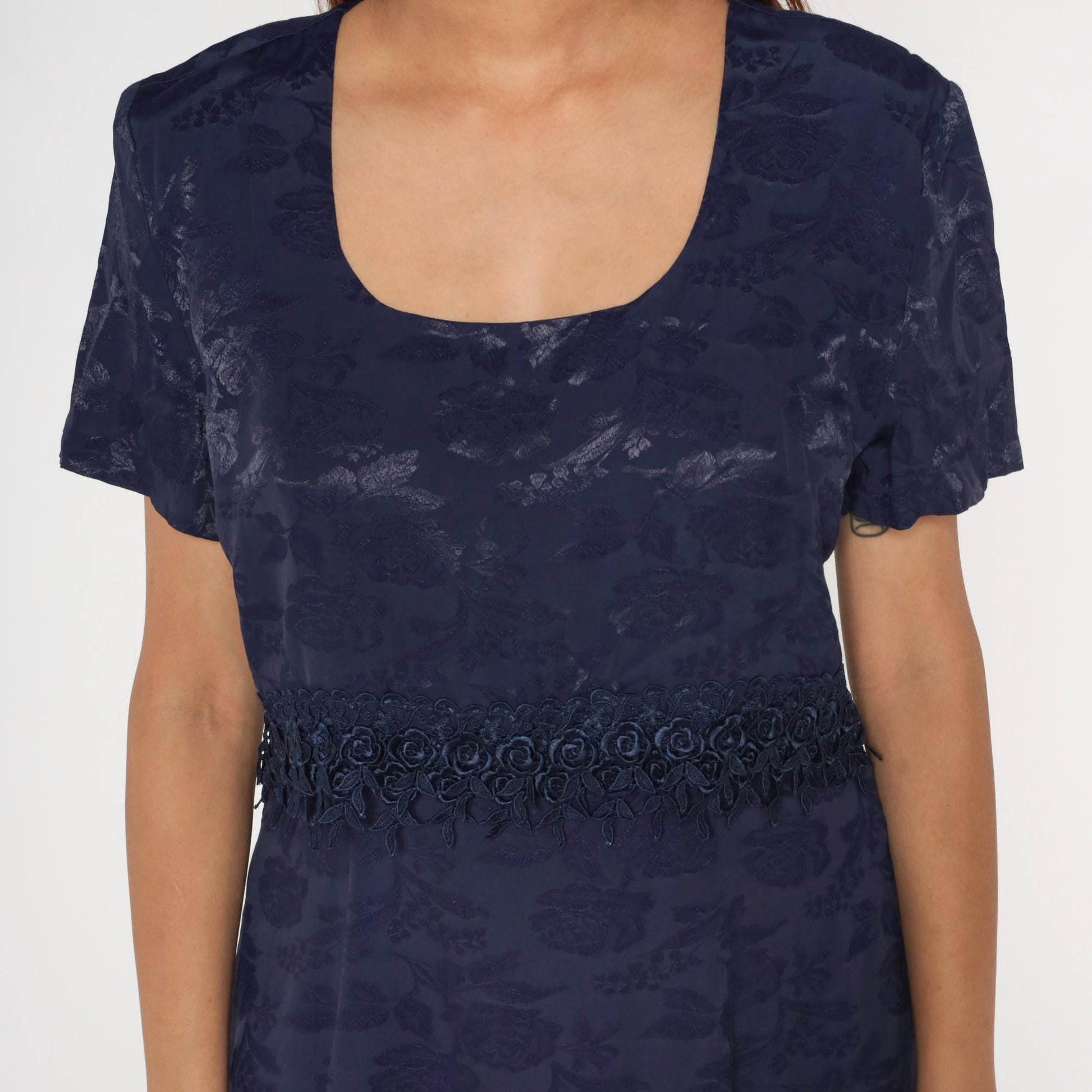 90s Navy Floral Jacquard Dress Short Sleeve Scoop Neck A-Line Lace Trim Large