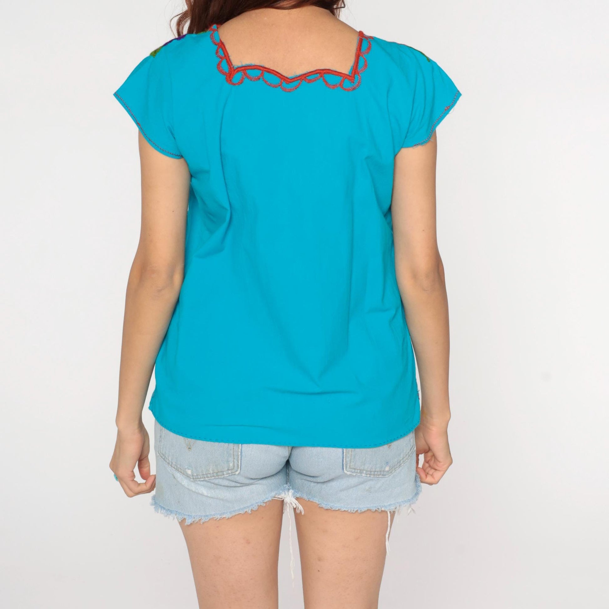 90s Mexican Floral Embroidered Blouse Blue Short Sleeve Small S