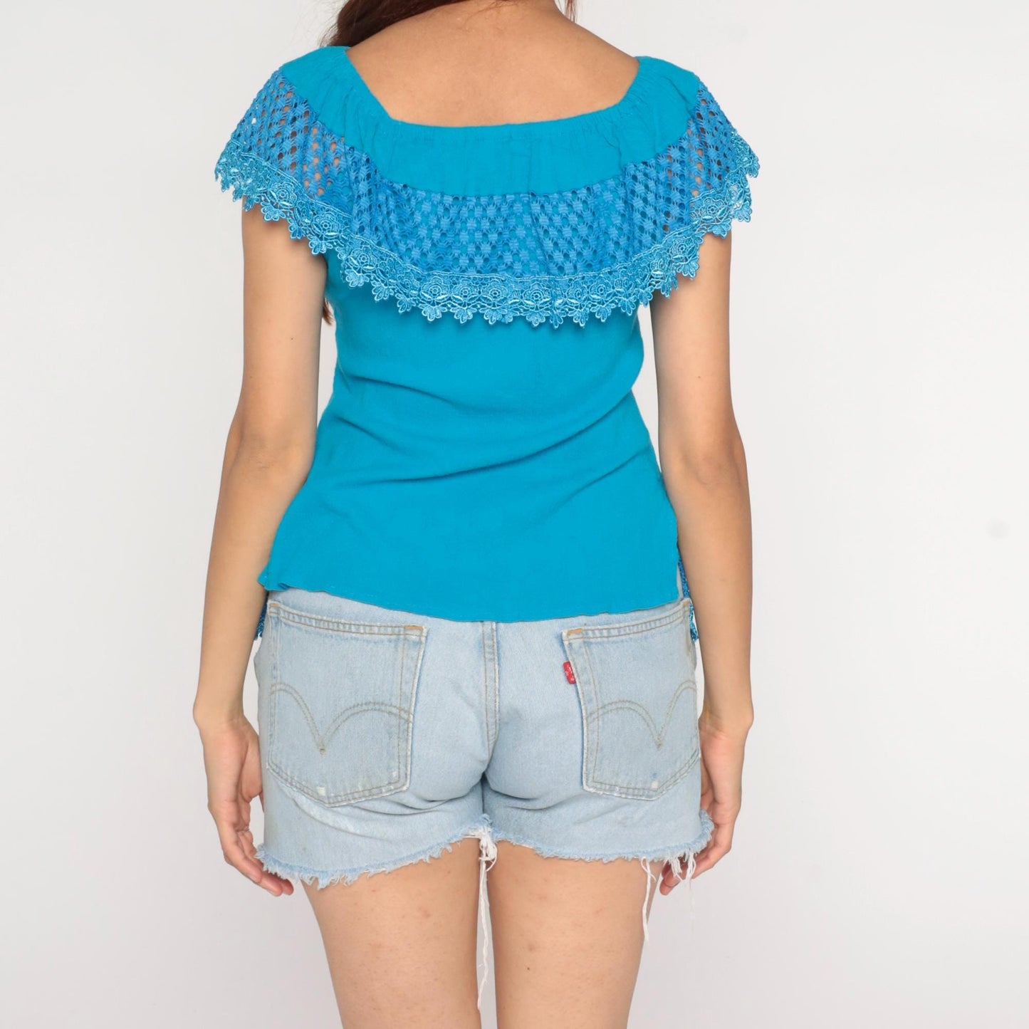Y2K Turquoise Crochet Lace Off-Shoulder Top Short Sleeve Medium M