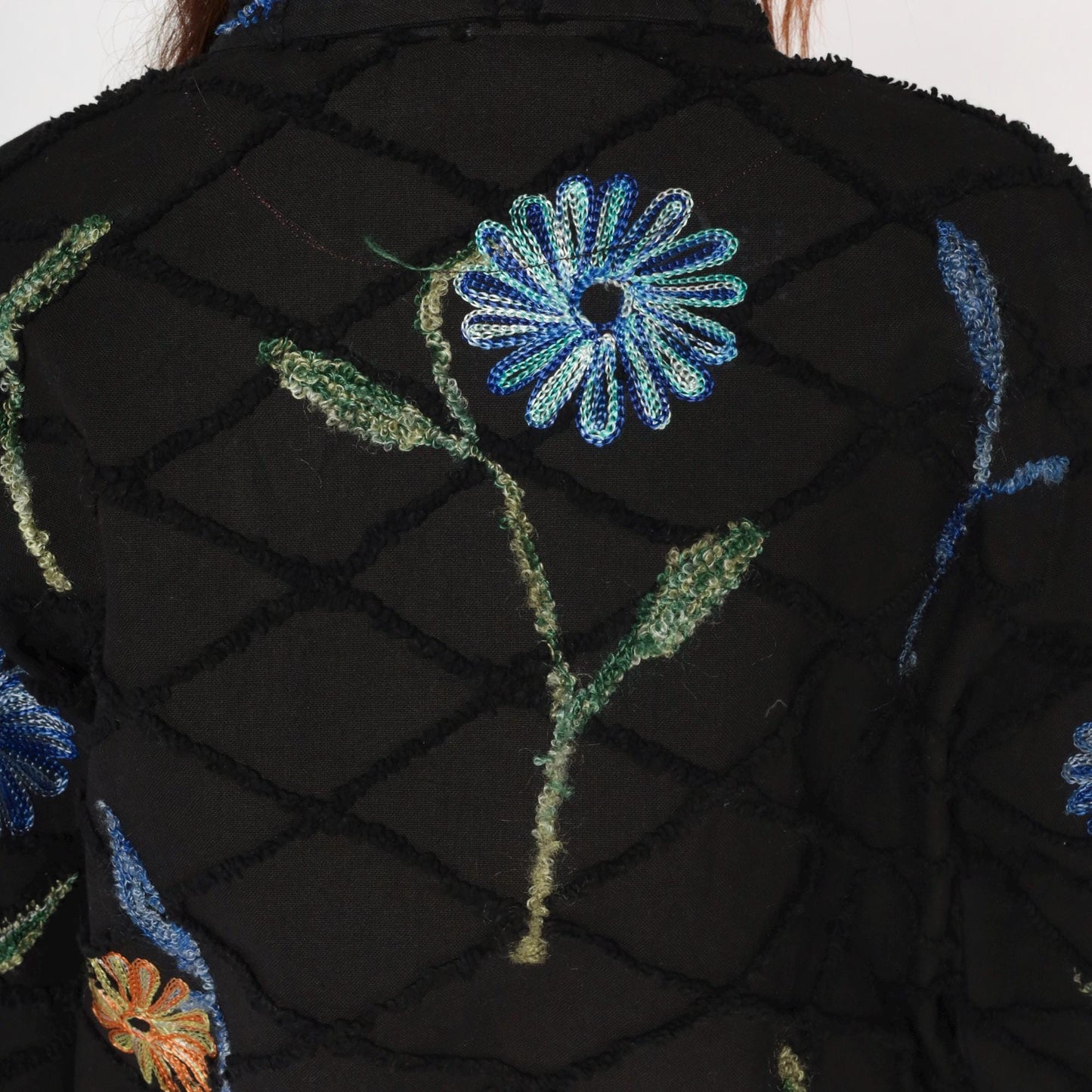 Y2K Black Quilted Cotton Jacket Embroidered Floral Chain Stitch Medium M