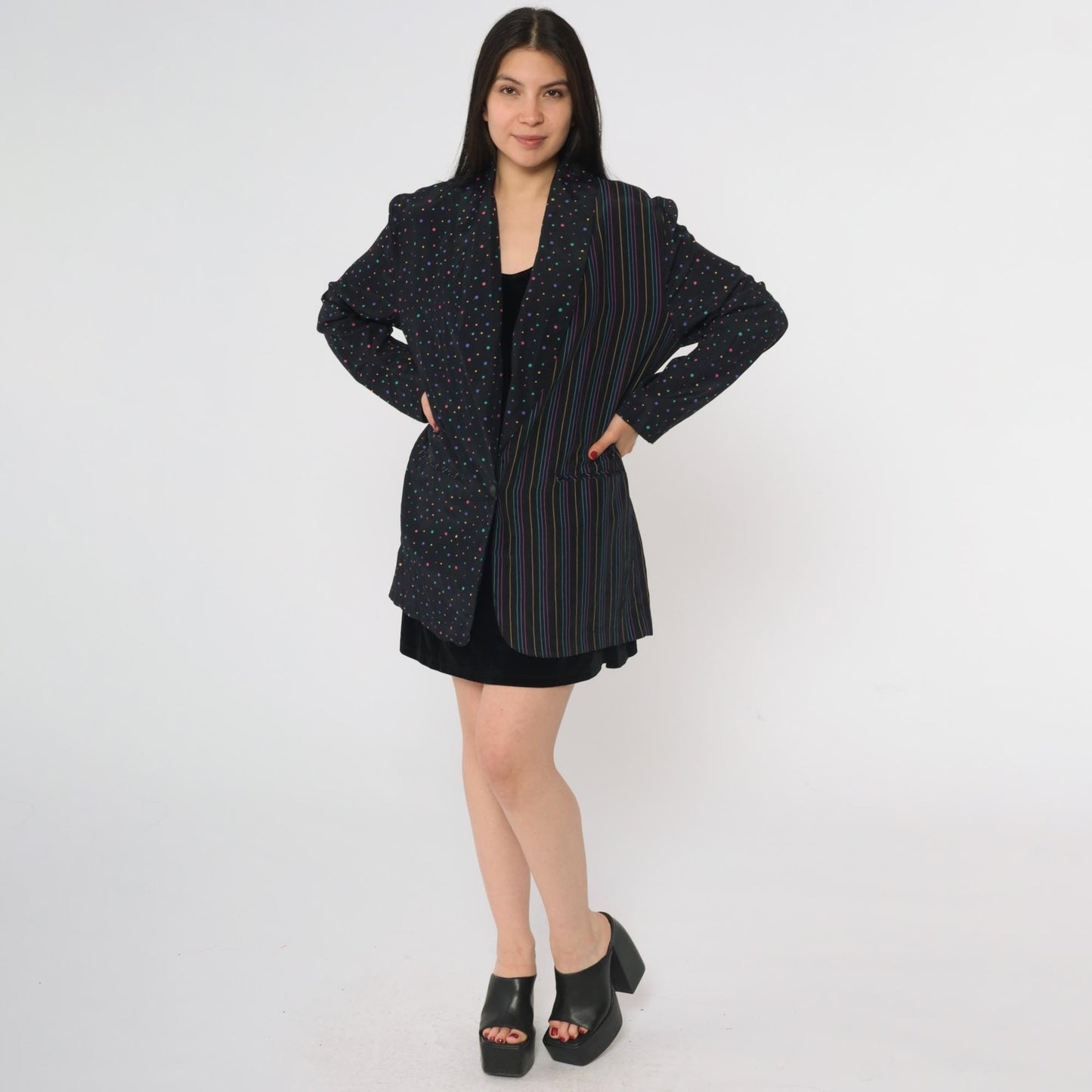 80s Columbus Circle Blazer Black Multicolor Dot Stripe Single Button Medium