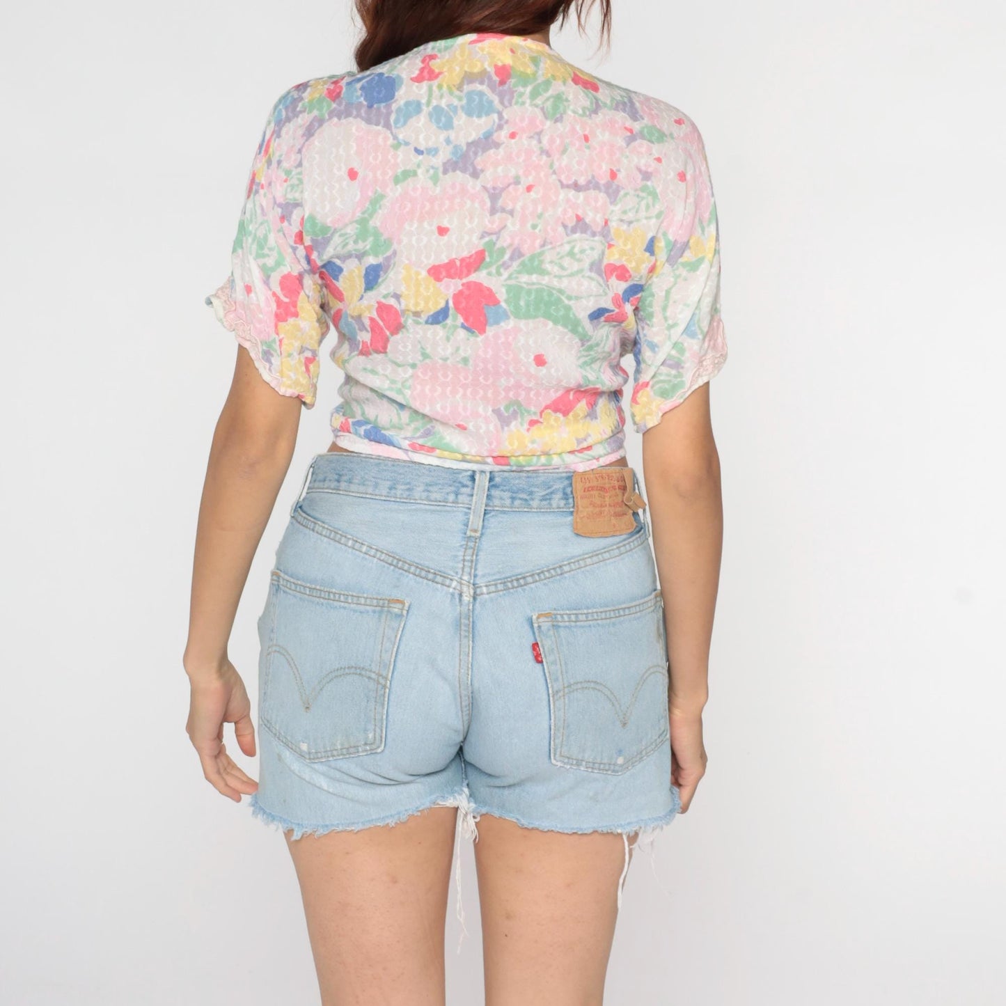 90s Pastel Floral Watercolor Crop Top Tie Front Kimono Sleeve Medium Large