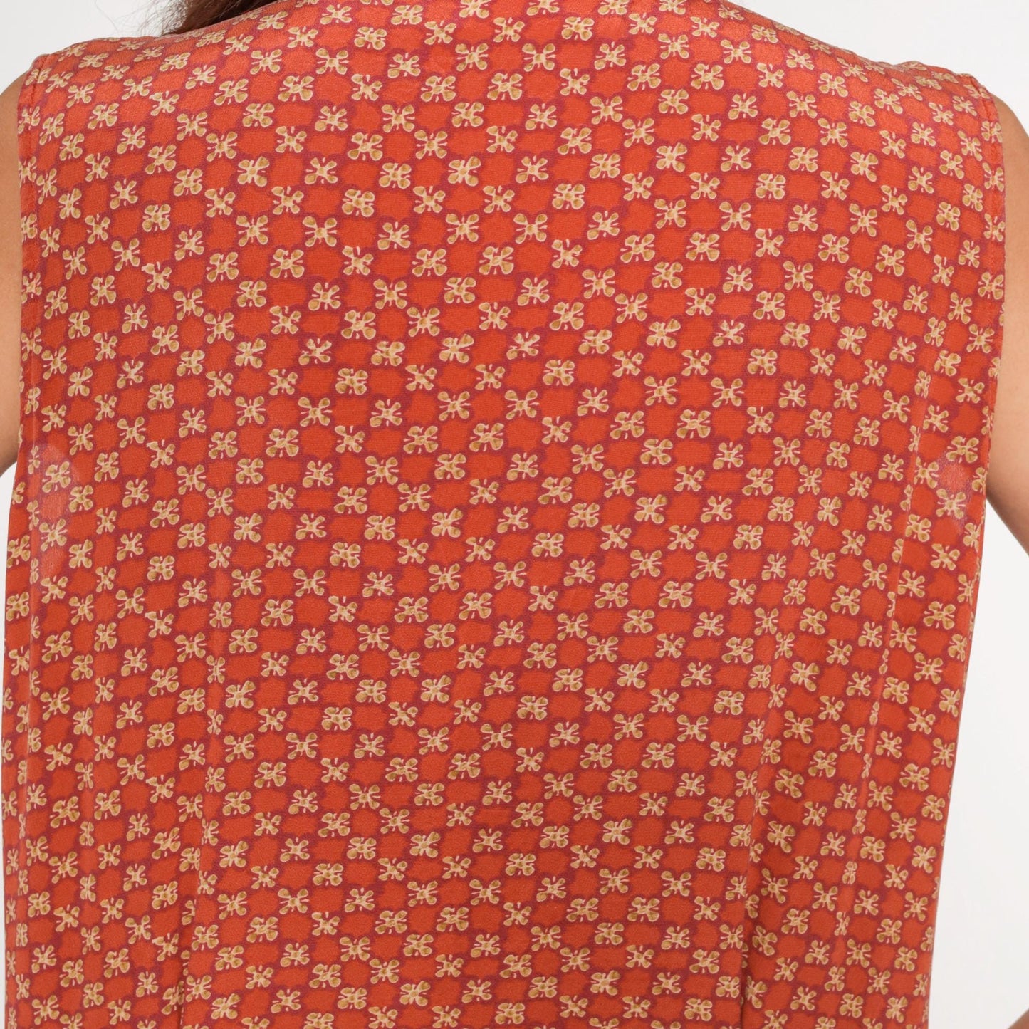 90s Rust Orange Daisy Print Silk Sleeveless Blouse Button-Up Collar Medium