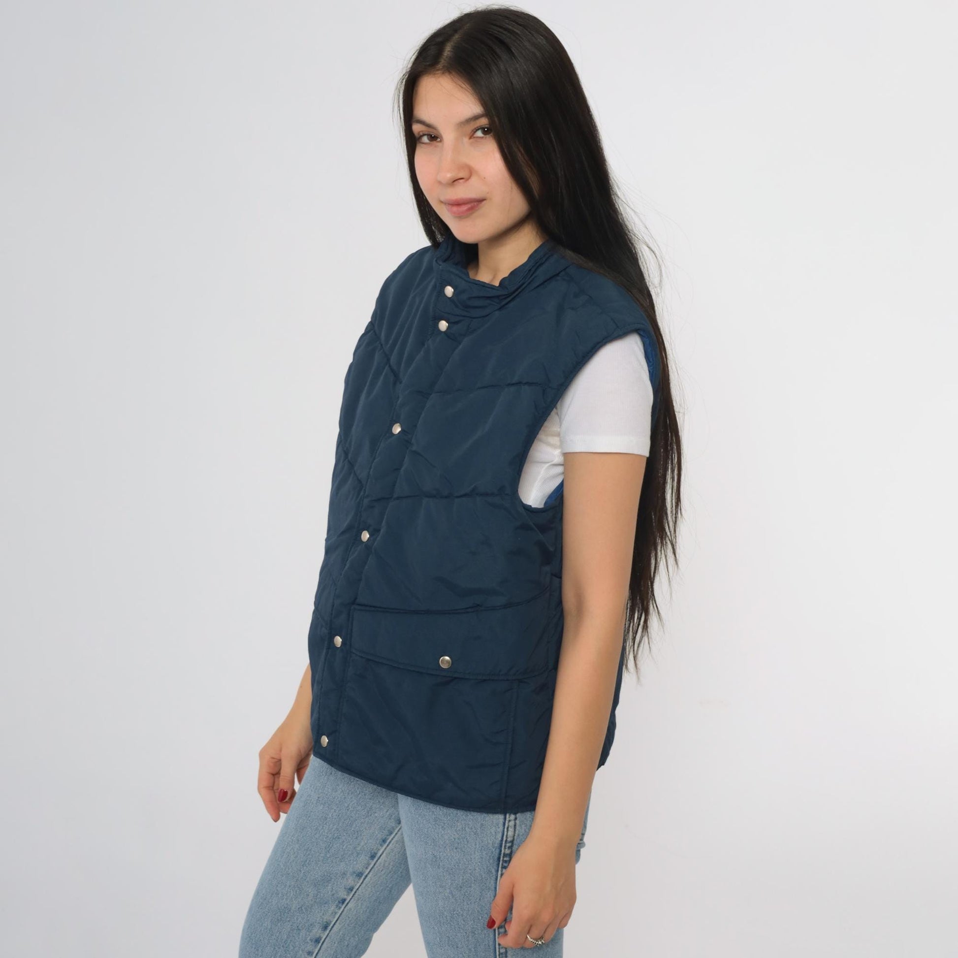 80s CB Navy Puffer Vest Quilted Nylon Snap Front Insulated Large