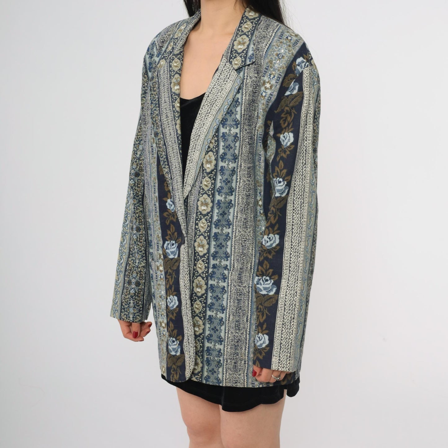 90s Judy Knapp Floral Tapestry Blazer Blue Cotton Linen Blend Single Button Large L