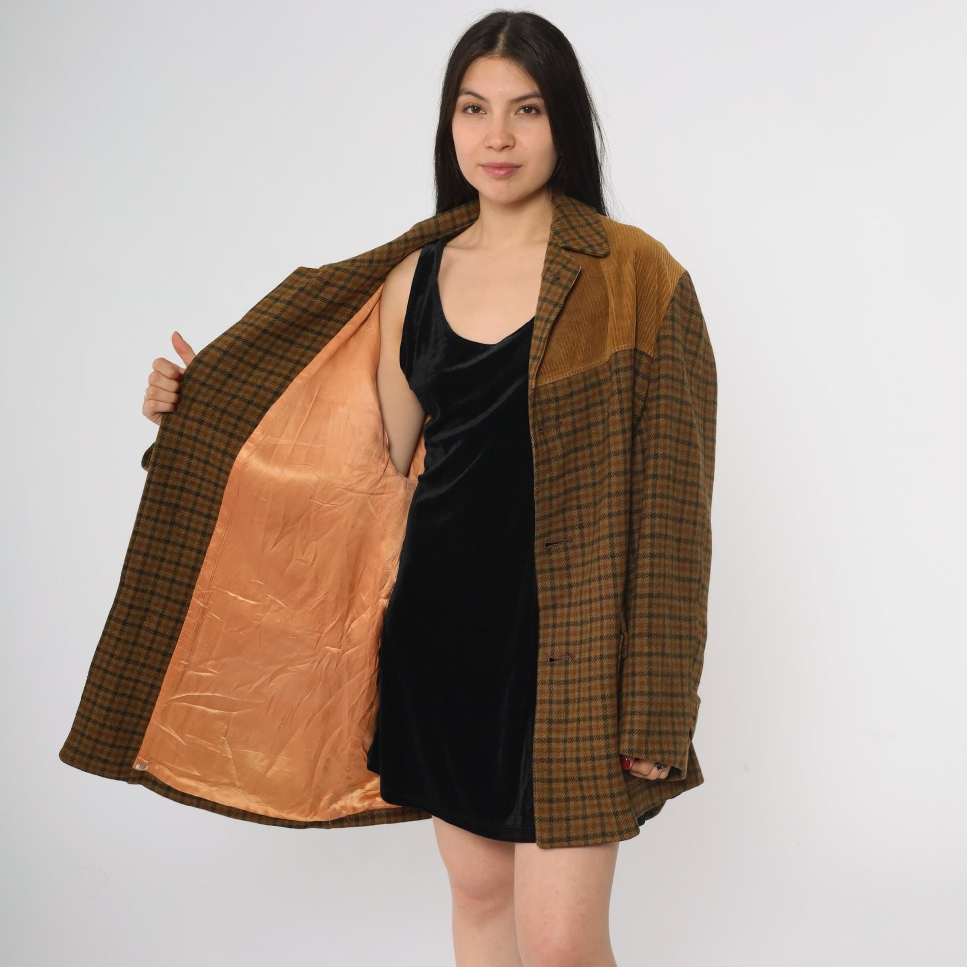 70s Brown Plaid Wool Blazer Corduroy Yoke Jacket Button Front XL