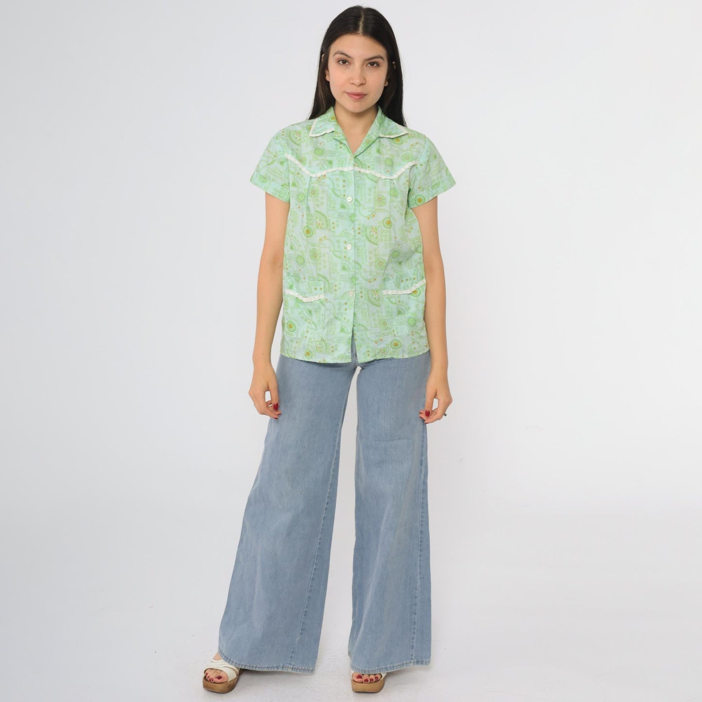 70s Sum Wah Mint Green Floral Button-Up Blouse Short Sleeve Collared Medium
