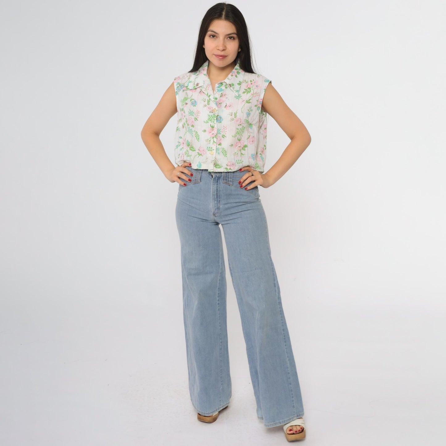 70s Lori Lynn Floral Crop Blouse White Collared Button-Up Medium