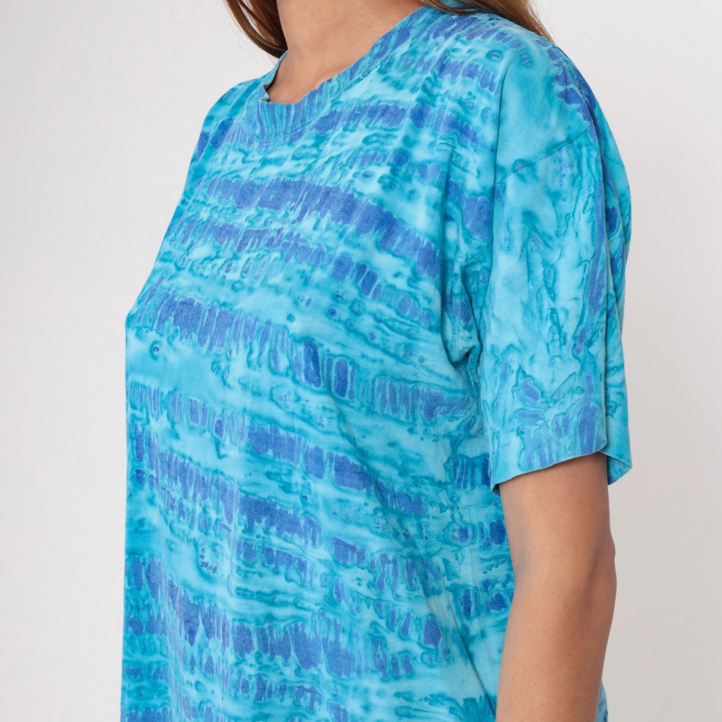 90s Blue Tie Dye Horizontal Stripe Cotton T-Shirt Crew Neck Medium