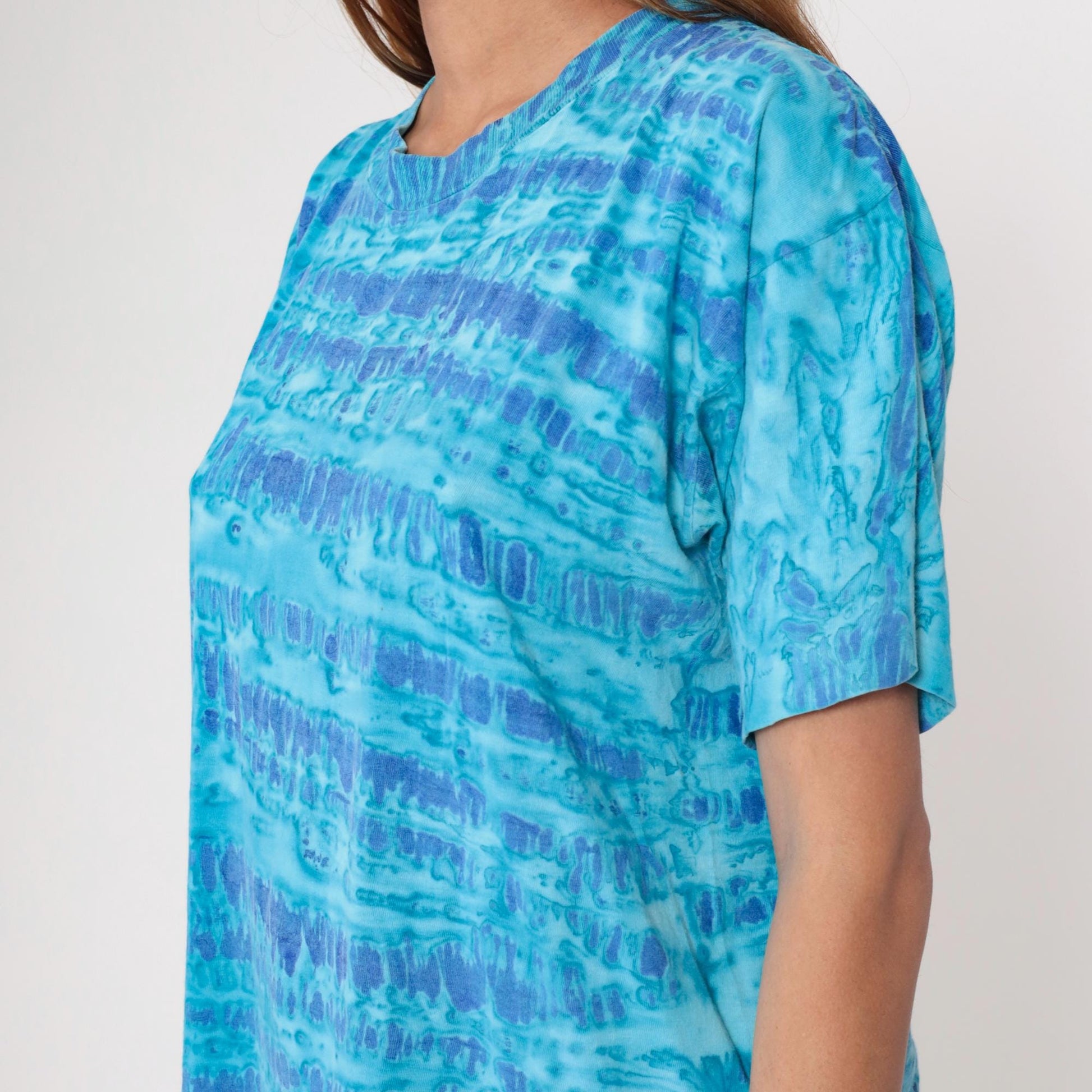 90s Blue Tie Dye Horizontal Stripe Cotton T-Shirt Crew Neck Medium