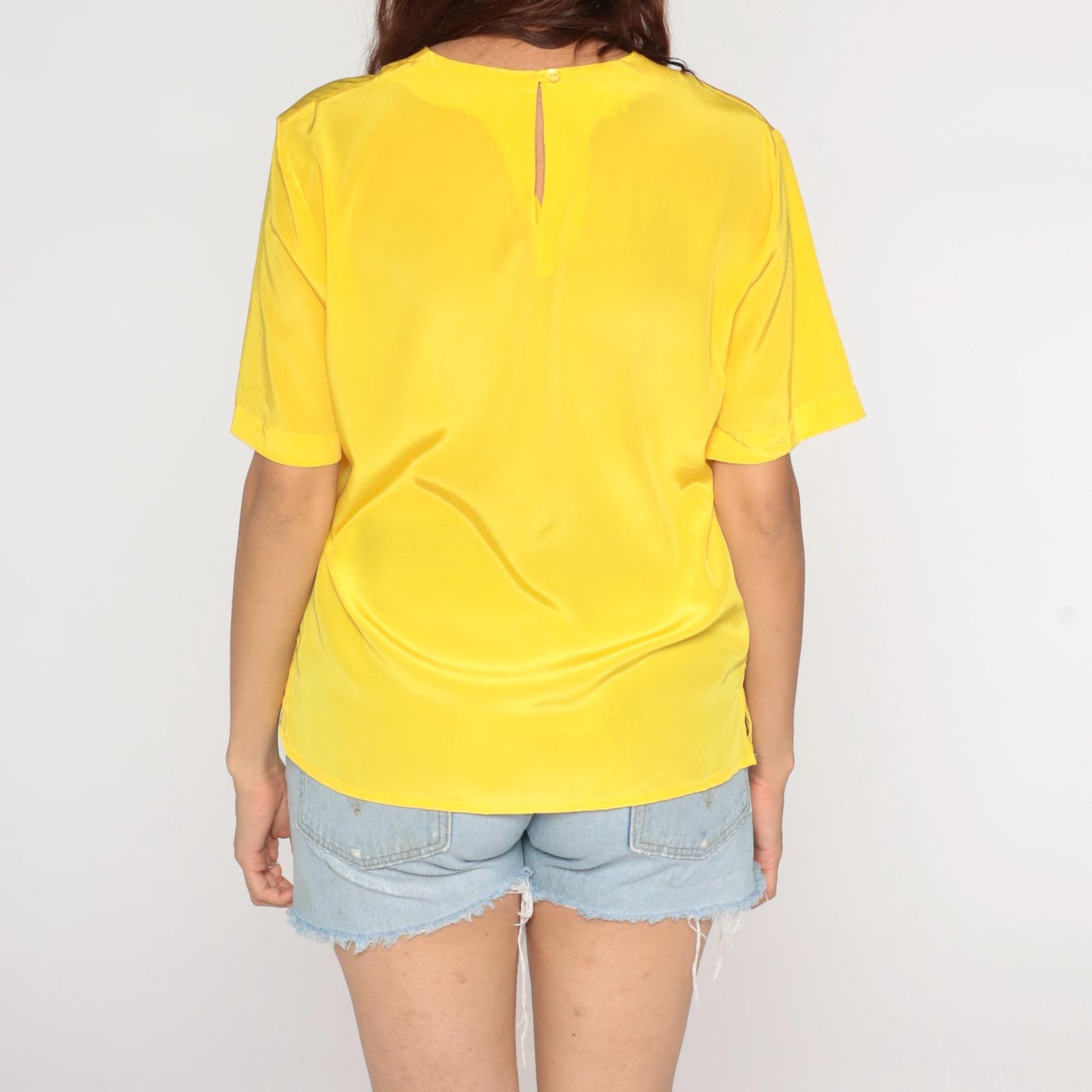 80s Yellow Short Sleeve Blouse Keyhole Back Button Medium