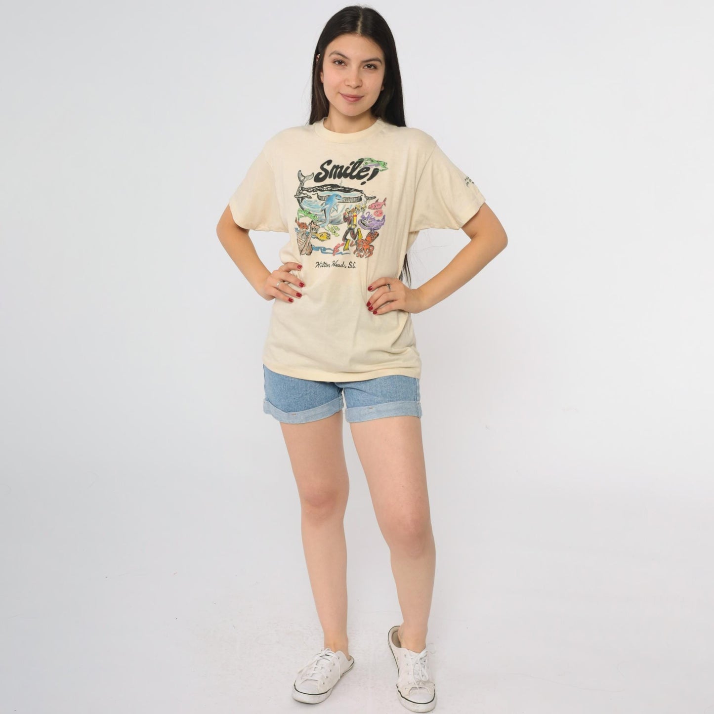 80s Hilton Head Scuba Diving T-Shirt Xpres Knits Cream Graphic Large