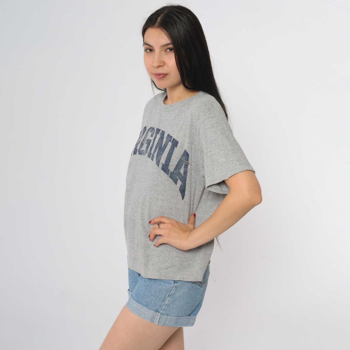 90s Champion Virginia State Graphic T-Shirt Heather Grey Navy Medium