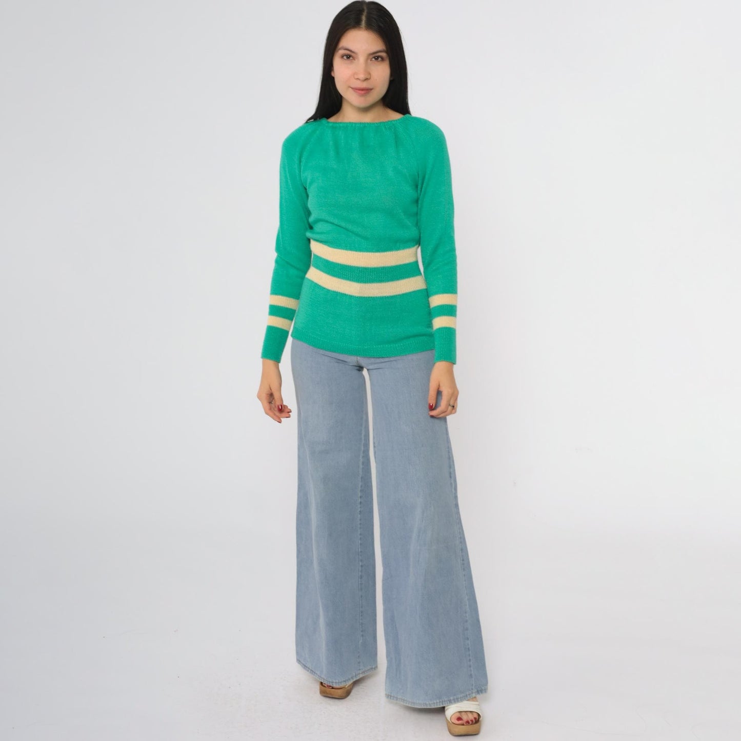 80s Penrose Emerald Green Striped Boat Neck Sweater Cream Small