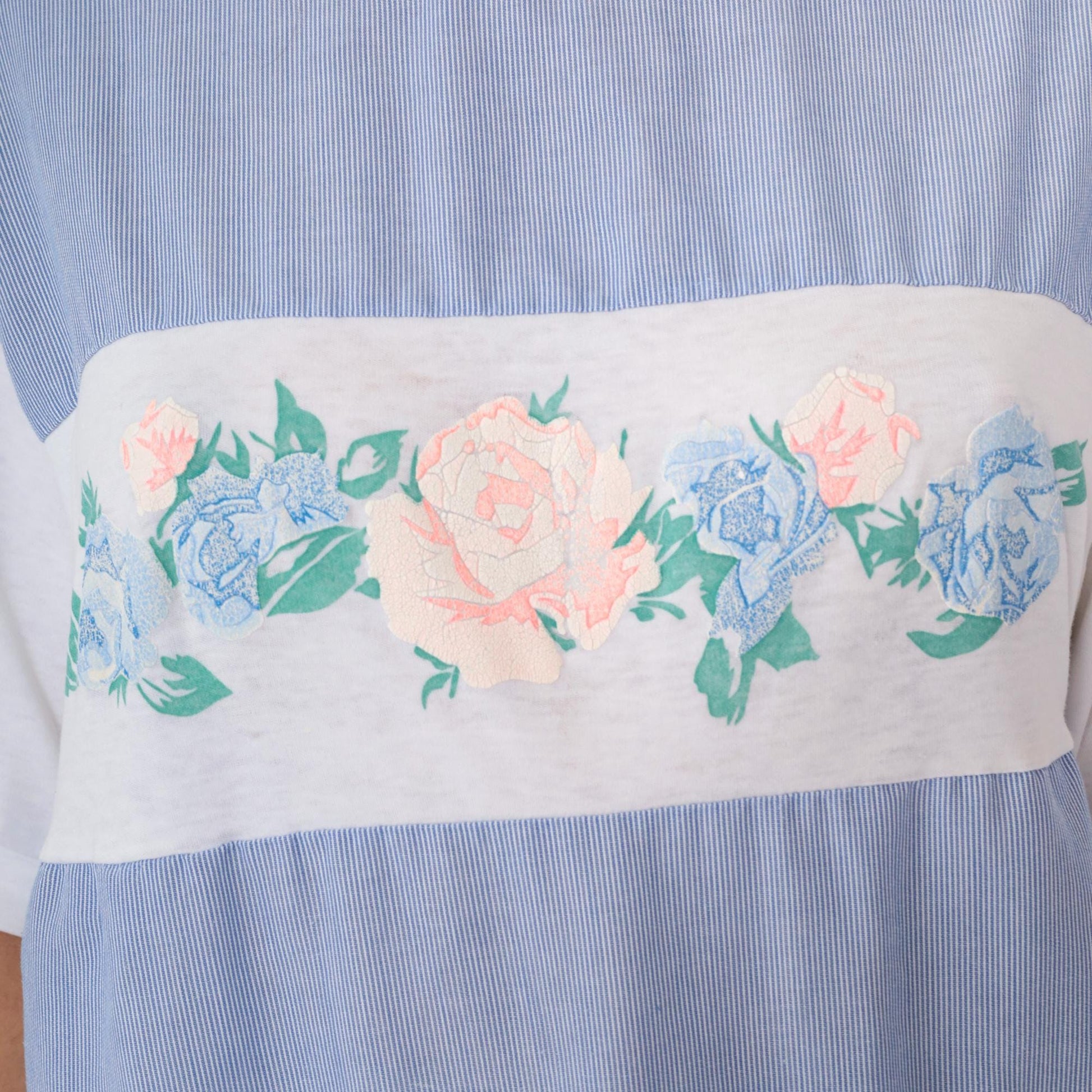 90s Floral Stripe Knit Top White Blue Pink Rose Print Ribbed Medium M