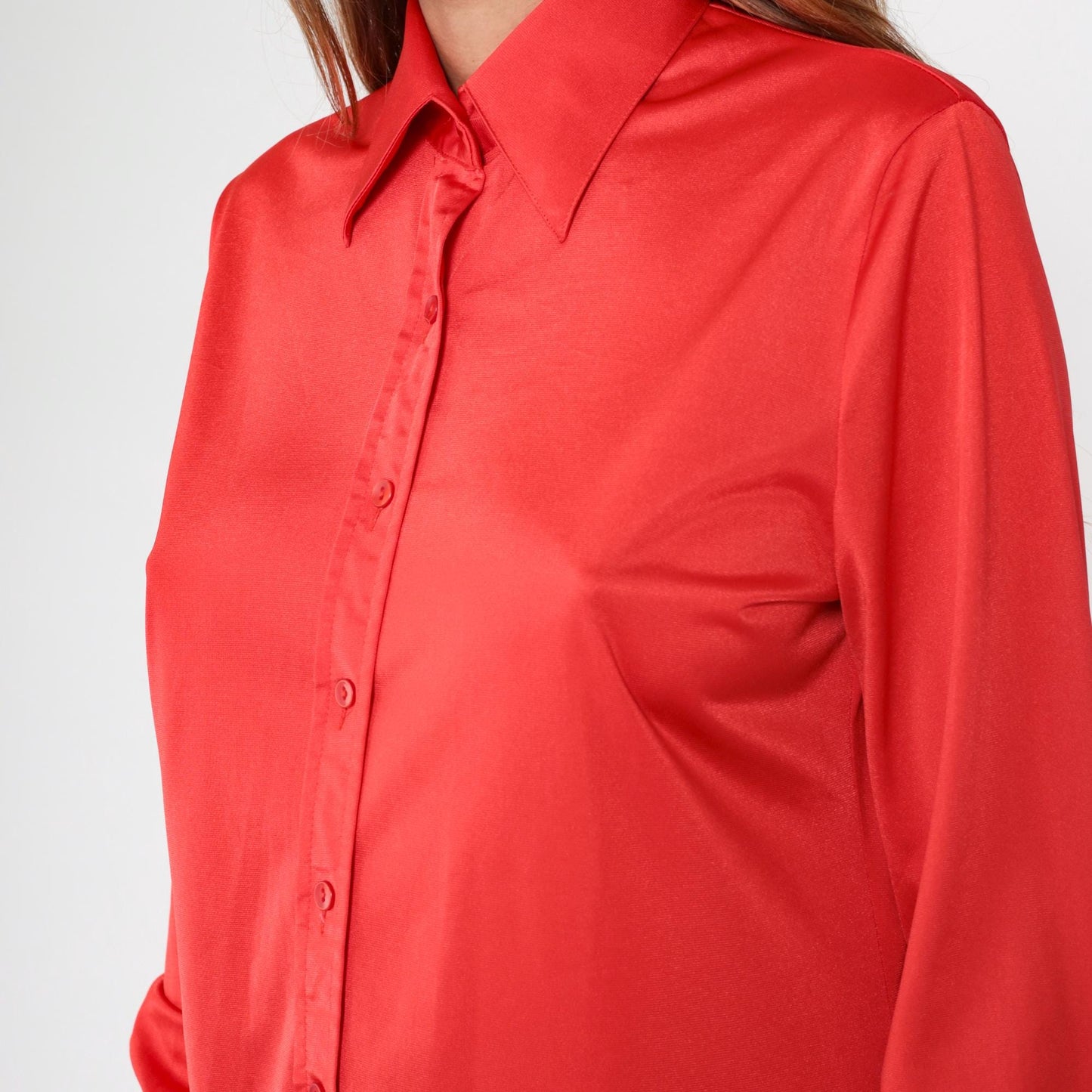 70s Coral Red Polyester Satin Button Up Blouse Pointed Collar Long Sleeve Medium M