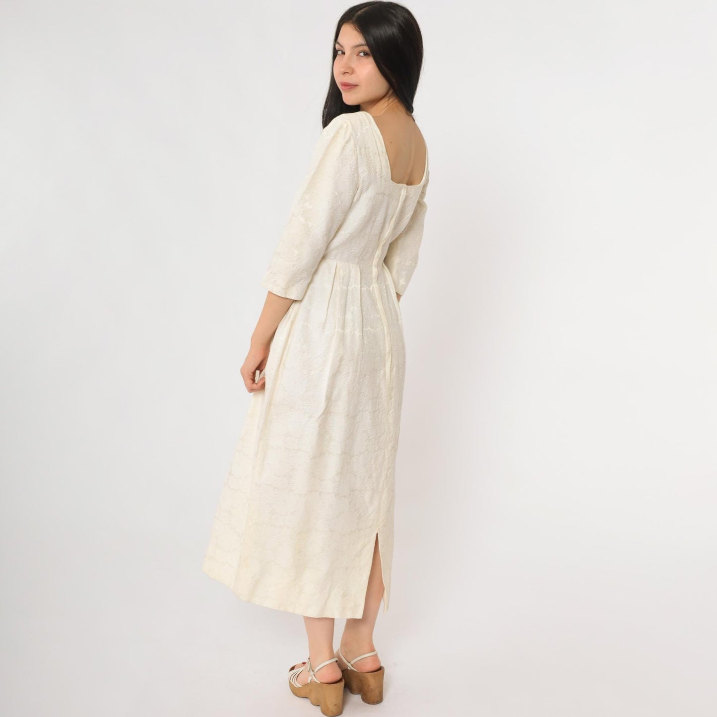 60s Cream Lace Midi Dress Square Neckline Embroidered Small