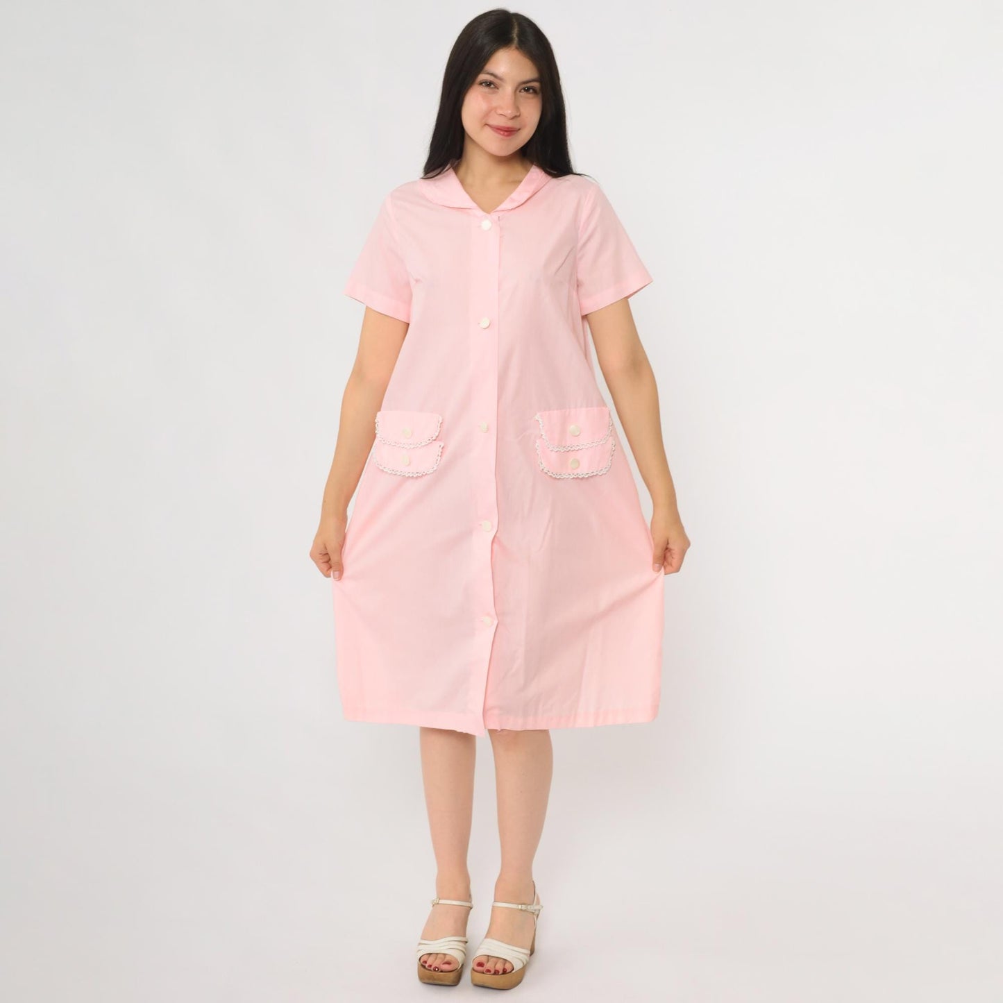 60s Charmode Pink House Dress Peter Pan Collar Lace Trim Pockets Medium
