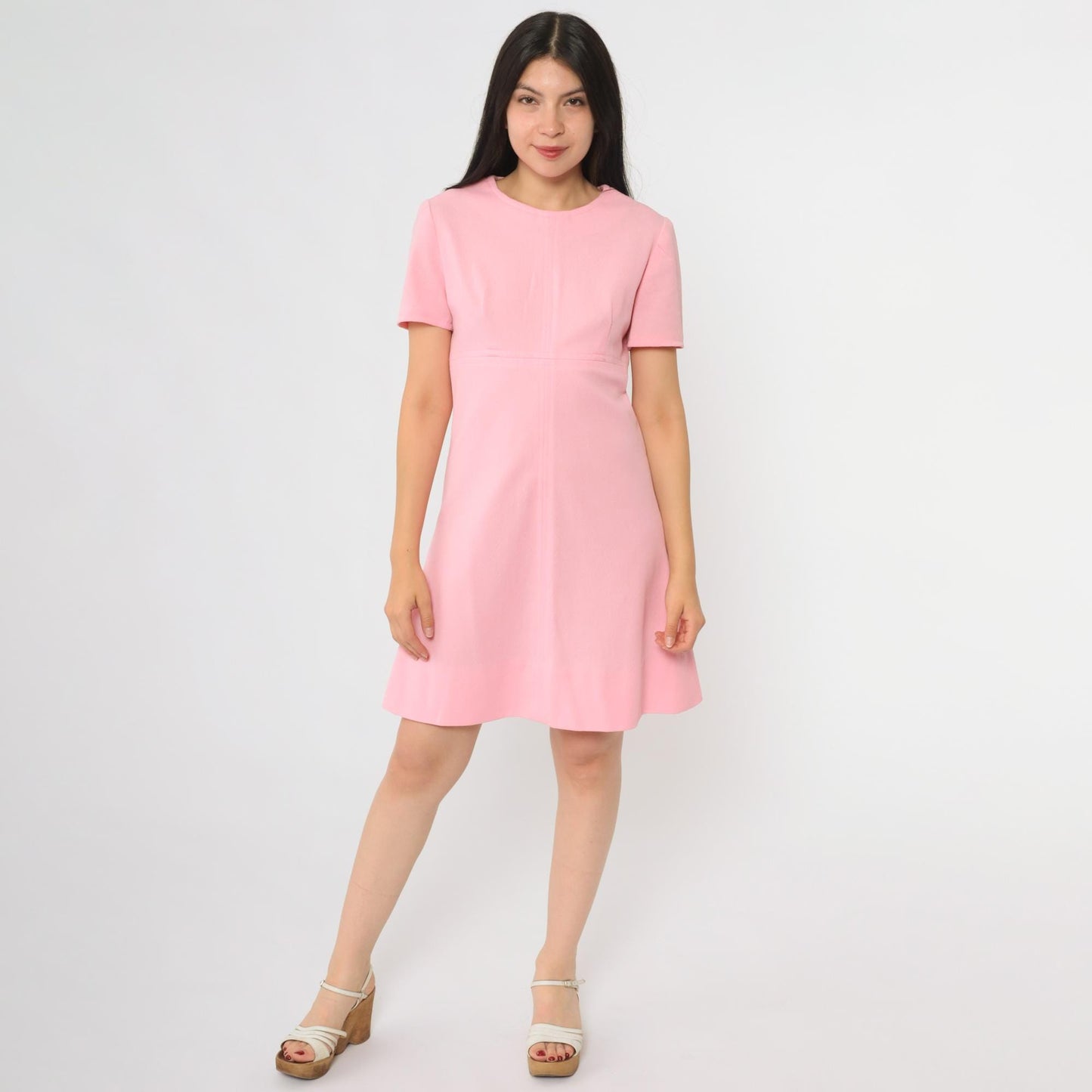 60s Pink Mini Shift Dress Mod Crew Neck A-Line Medium M