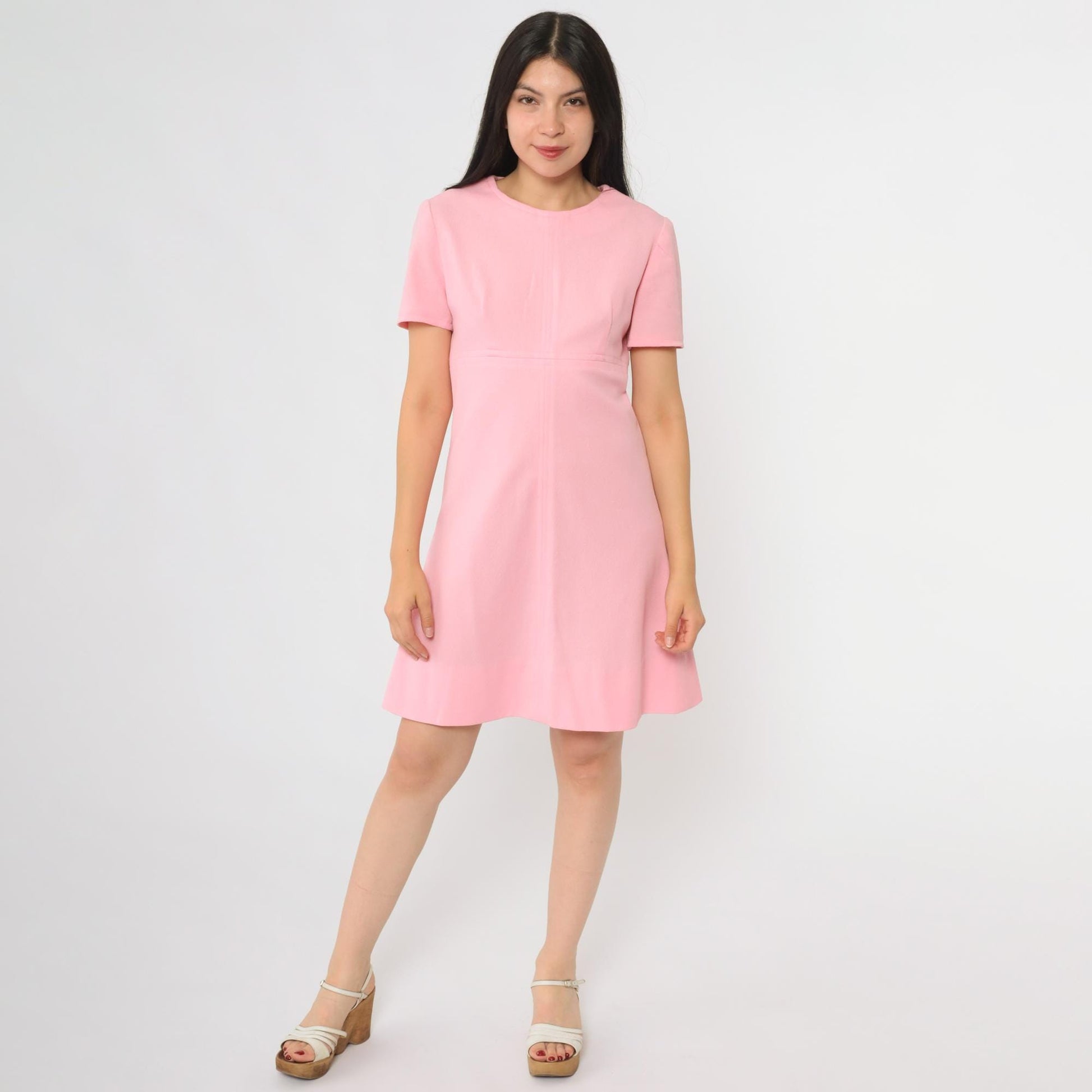 60s Pink Mini Shift Dress Mod Crew Neck A-Line Medium M
