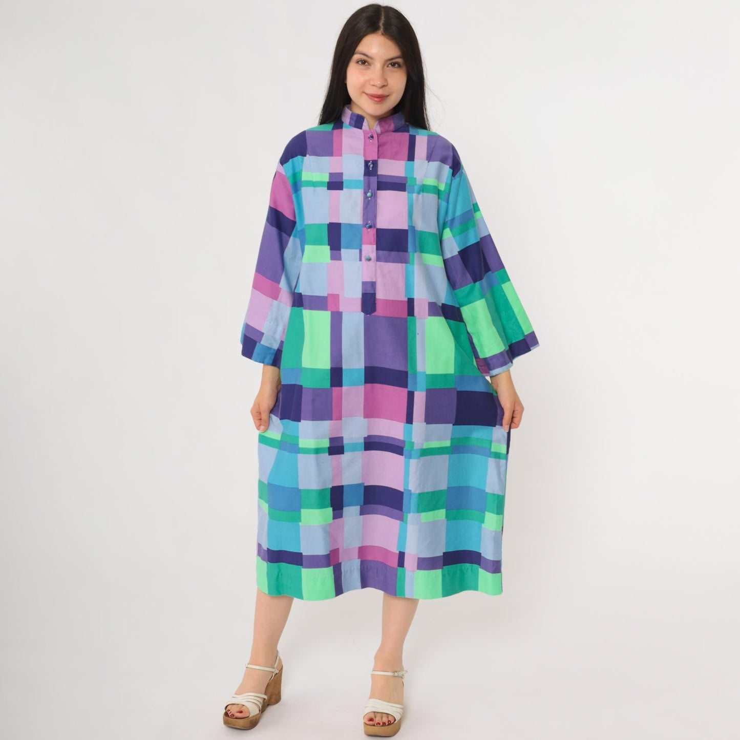 60s Catherine Ogust Penthouse Gallery Geometric Block Print Midi Dress Large L
