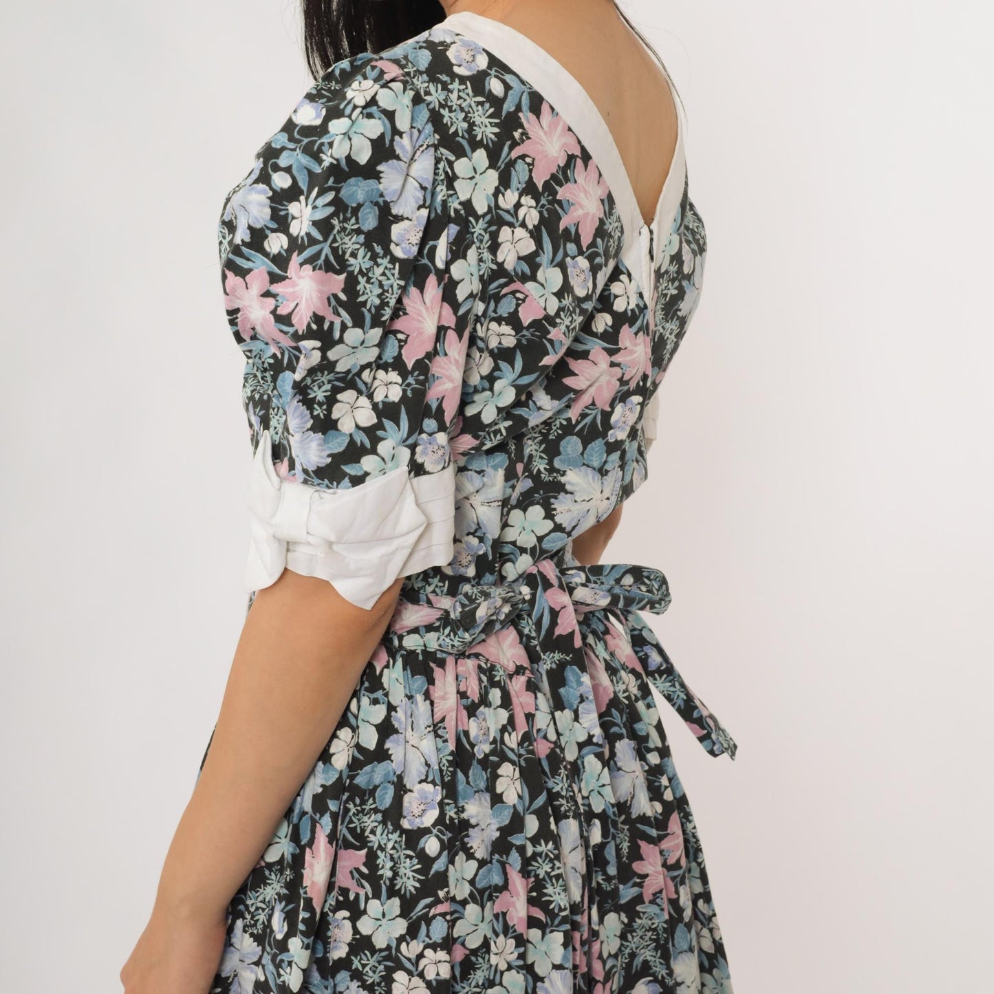80s All That Jazz Floral Sundress Puff Sleeve Back Tie Cotton Medium