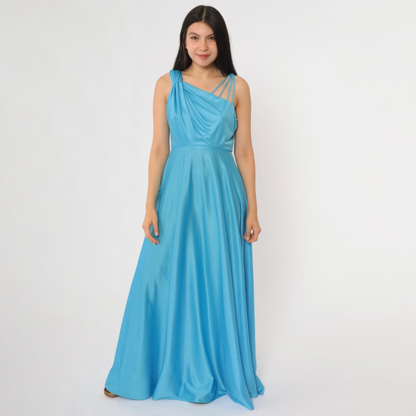 70s Blue Satin One-Shoulder Maxi Dress Draped Bodice Floor Length Small