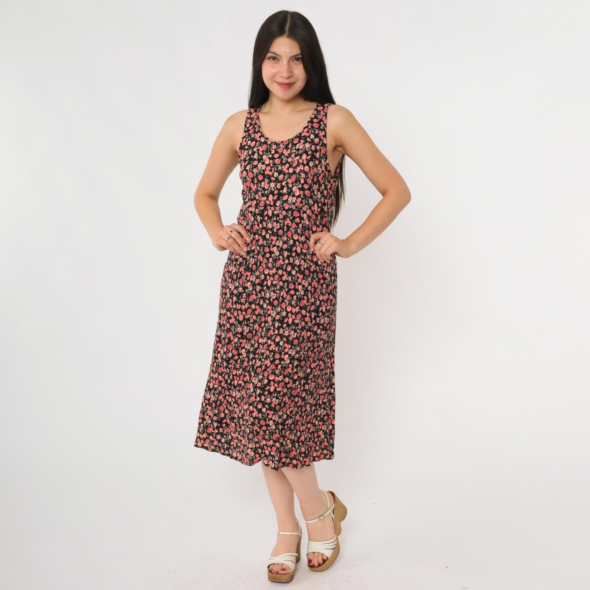 90s R&K Originals Cherry Blossom Floral Midi Dress Black Pink Medium M