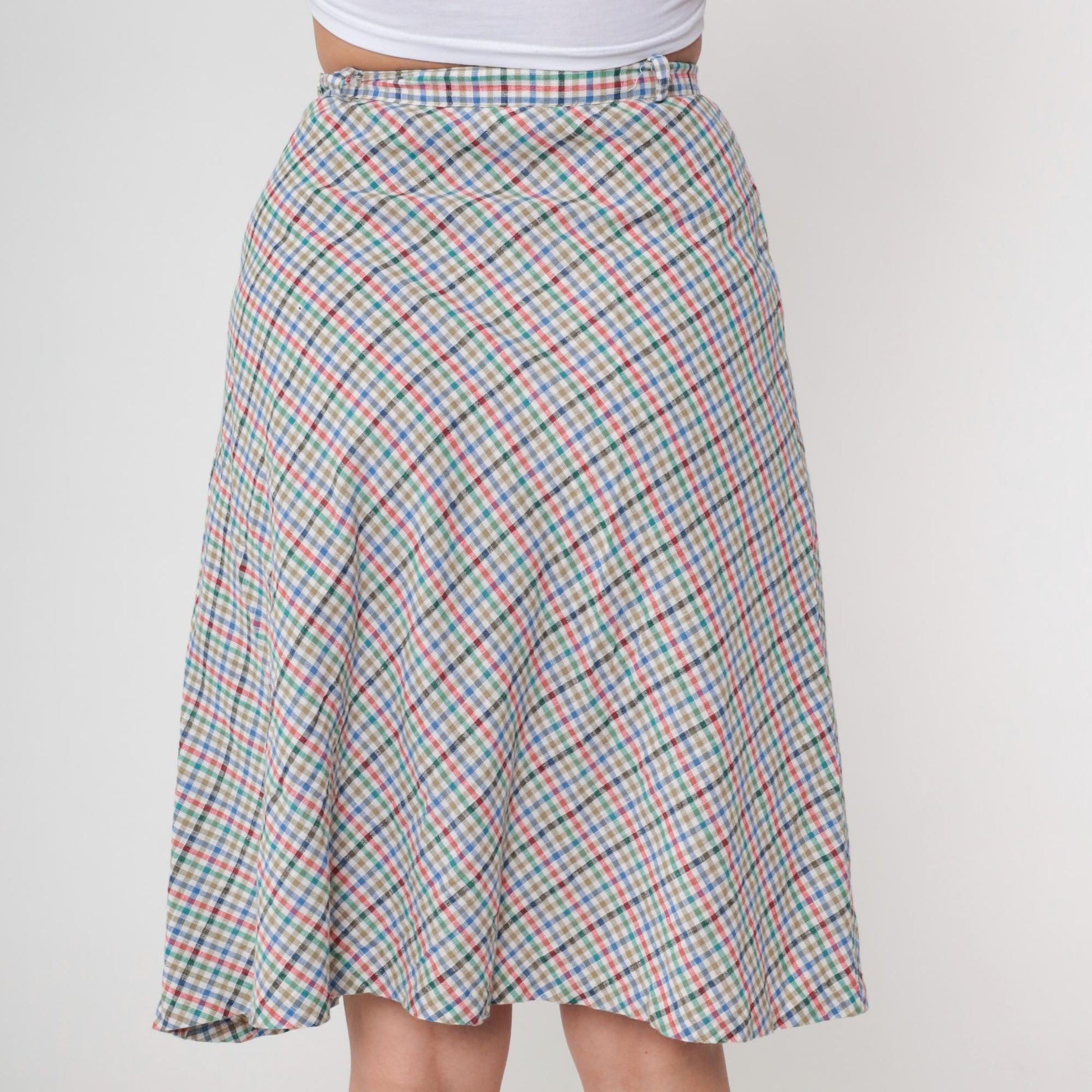 80s Plaid Mini Skirt High Waist Button Up Checkered Pink Blue Small