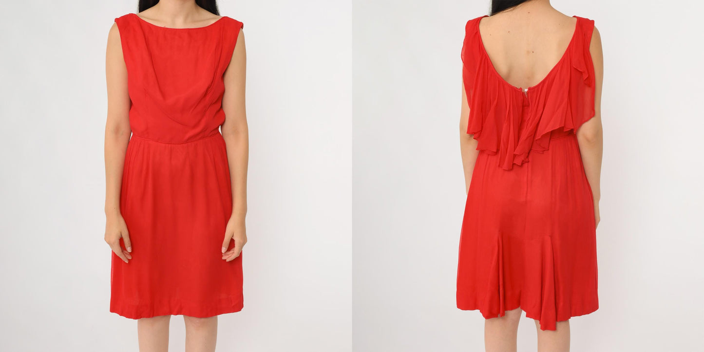 60s Red Chiffon Sleeveless Boat Neck Dress Knee Length Ruffle Medium