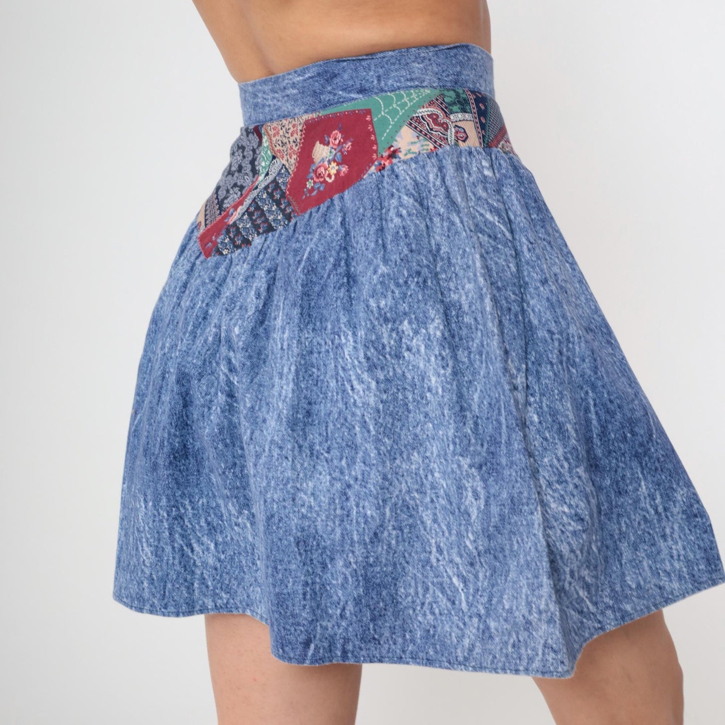 80s Acid Wash Denim Mini Skirt Patchwork High Waisted Circle Small S