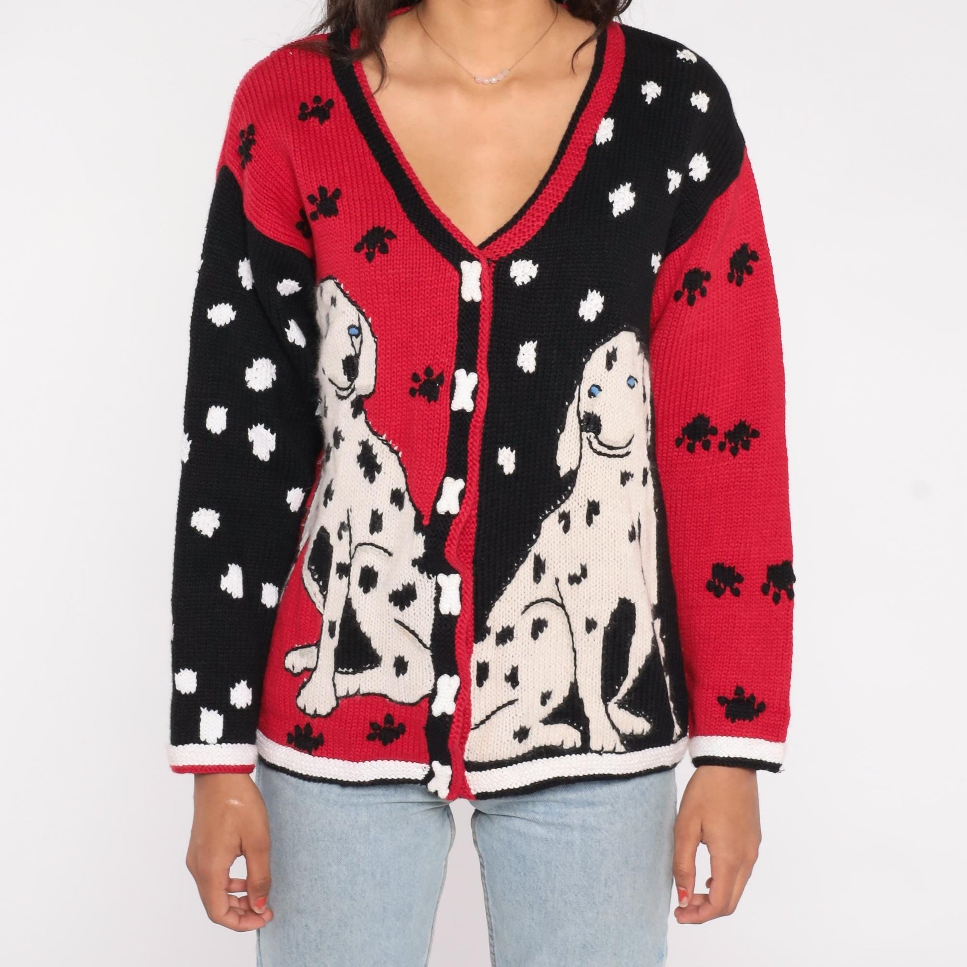 90s Storybook Knits Dalmatian Cardigan Black Red White Bone Buttons Small