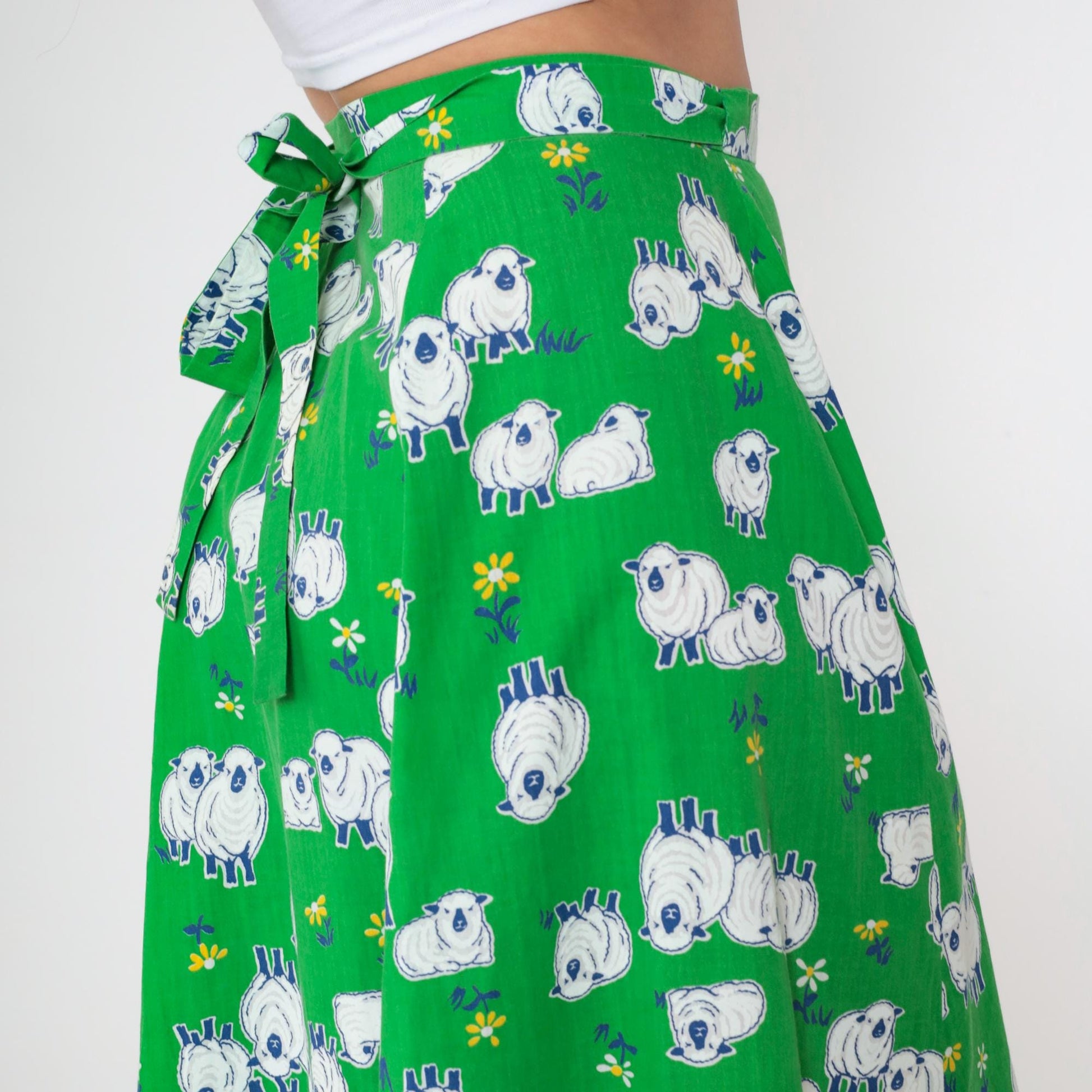 70s Sheep Print Midi Skirt Green A-Line Wrap Cotton Small Medium