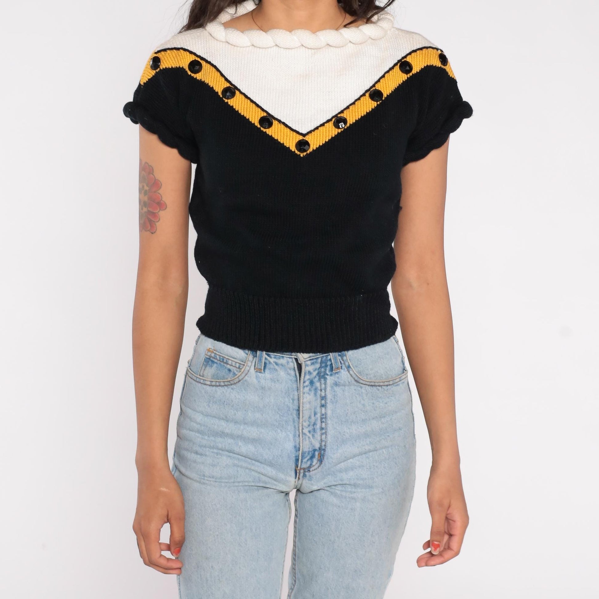 80s Lorna Adams Colorblock Knit Top Rope Collar Black Gold White Small