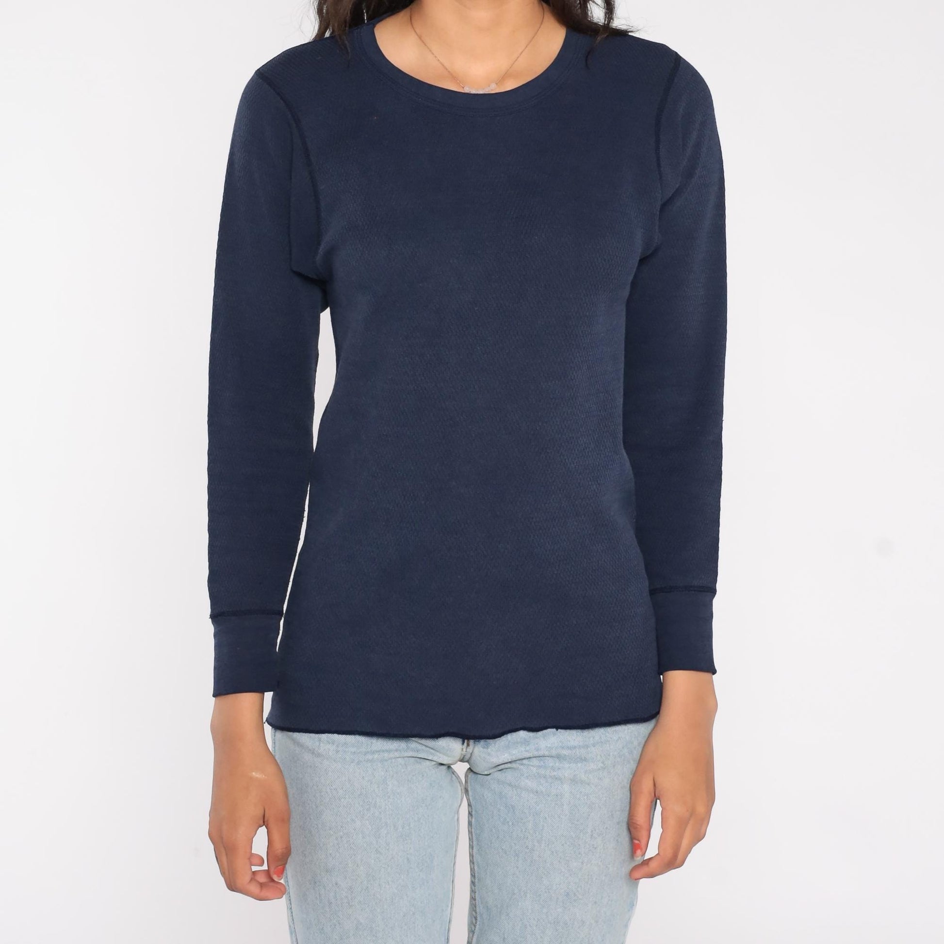 90s St. Johns Bay Navy Thermal Waffle Knit Long Sleeve Crewneck Large L