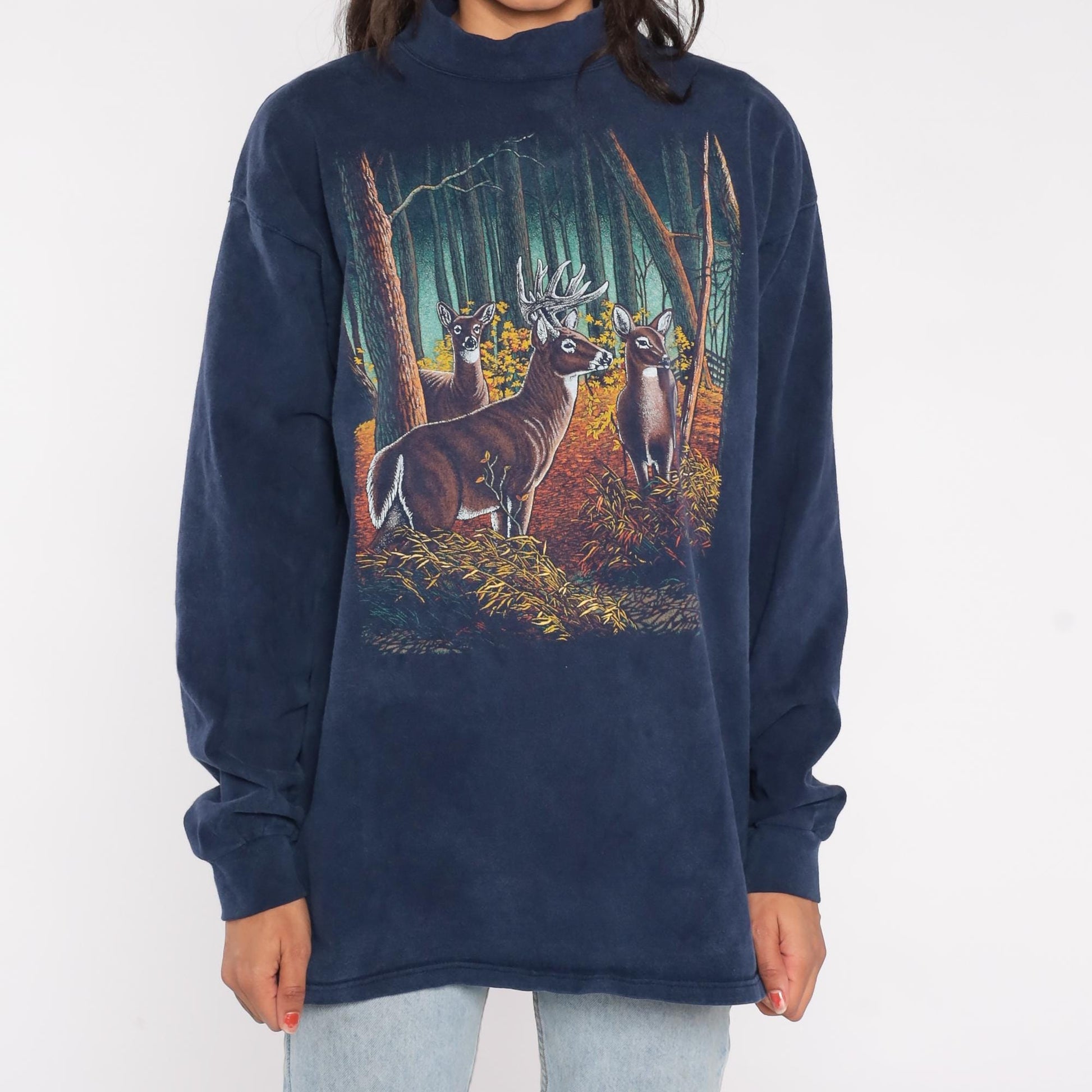 90s Navy Mock Neck Deer Wildlife Sweatshirt Forest Buck Graphic Large L