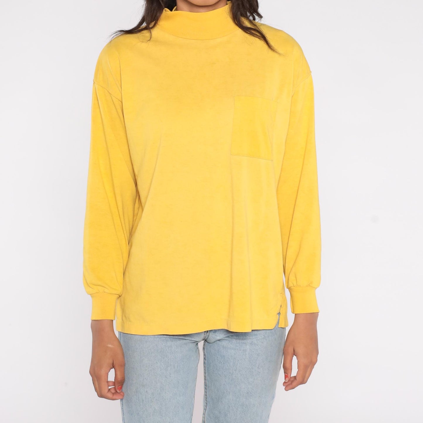90s Cristina Yellow Mock Turtleneck Chest Pocket Boxy Long Sleeve Large L