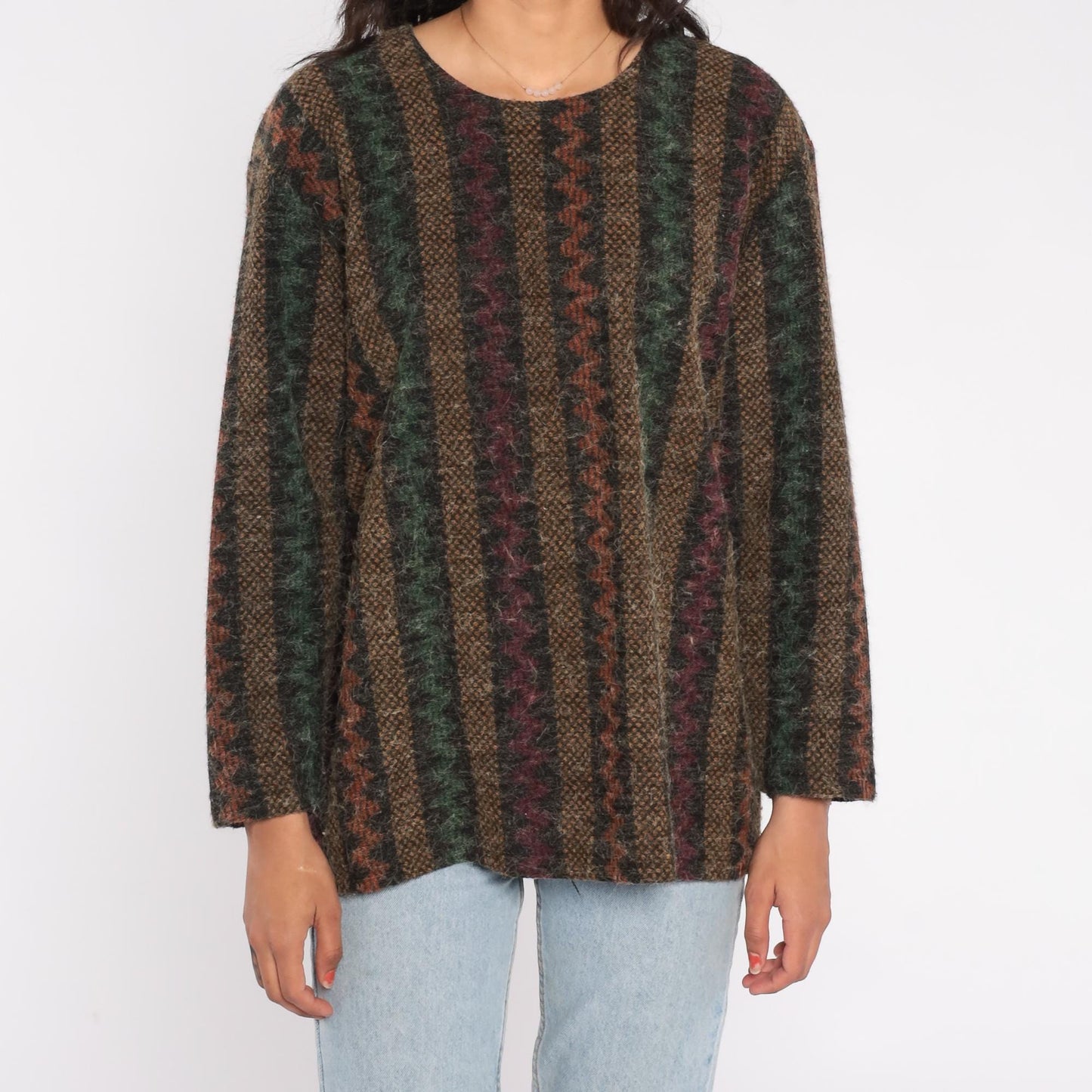 90s Divine Collection Stripe Sweater Forest Green Burgundy Crewneck Medium