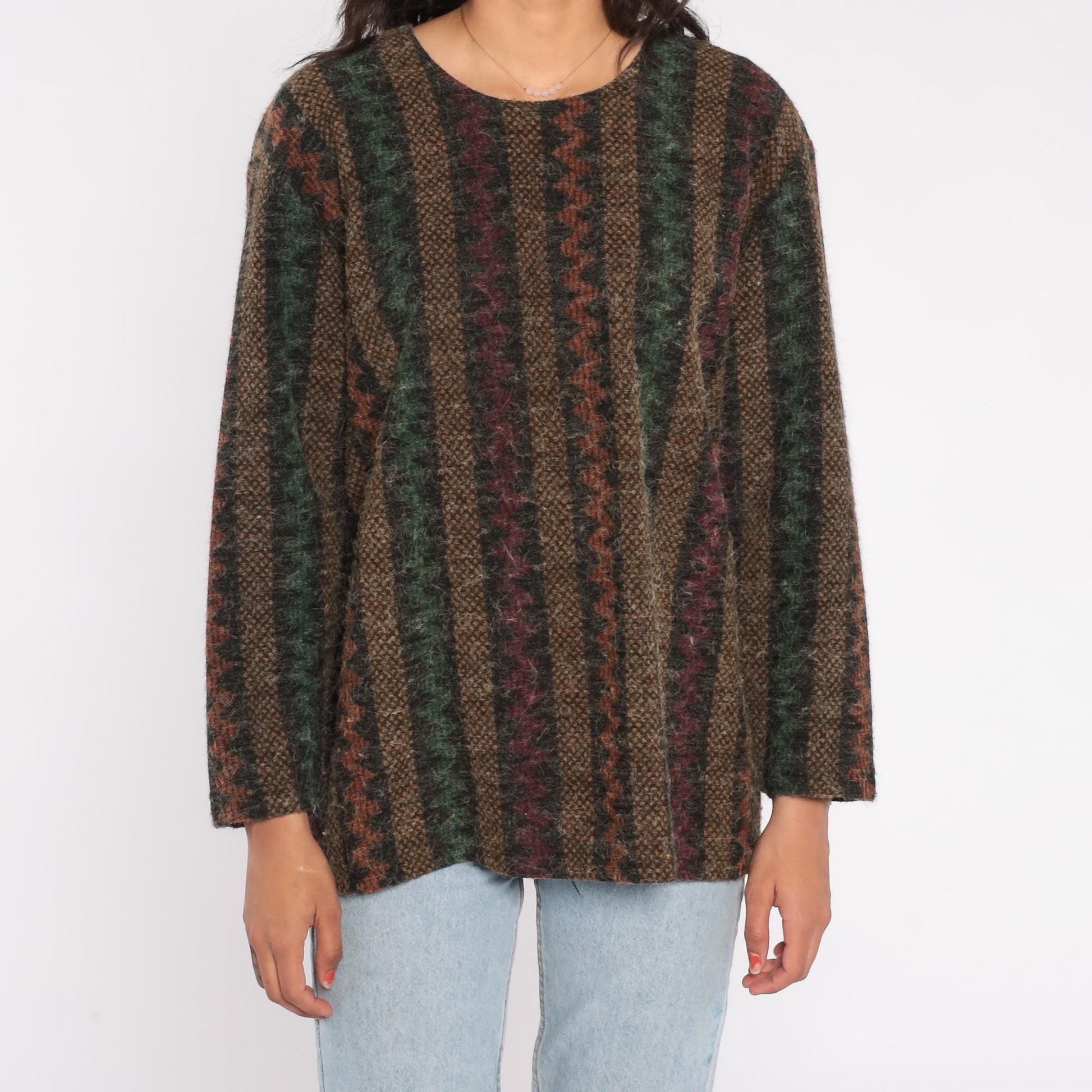 90s Divine Collection Stripe Sweater Forest Green Burgundy Crewneck Medium