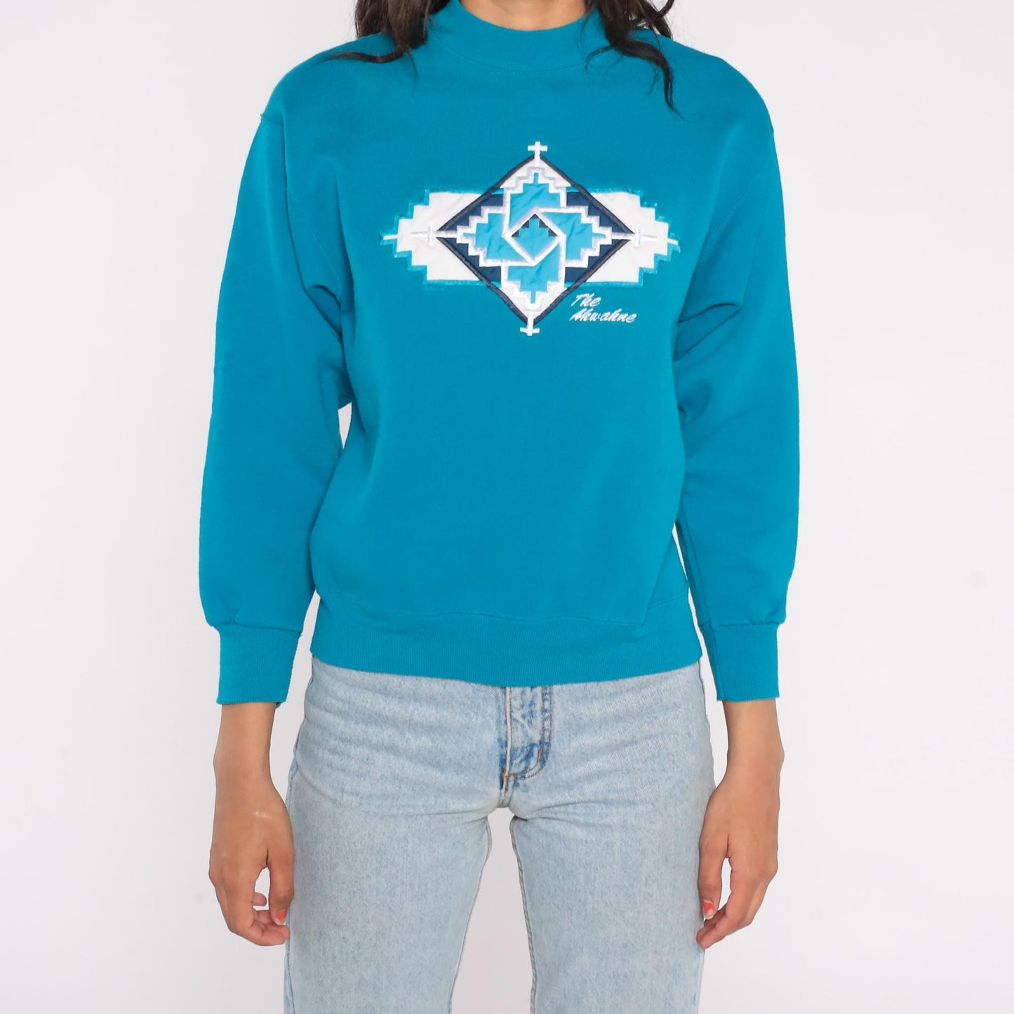 90s Hanes Southwestern Turquoise Sweatshirt Geometric Cross Patch Medium