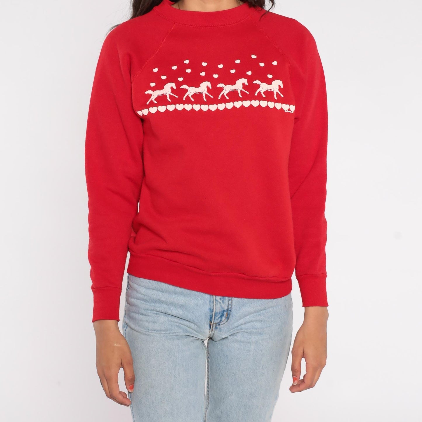 80s Joy Brass Horse Heart Sweatshirt Red Nordic Pattern Raglan Medium