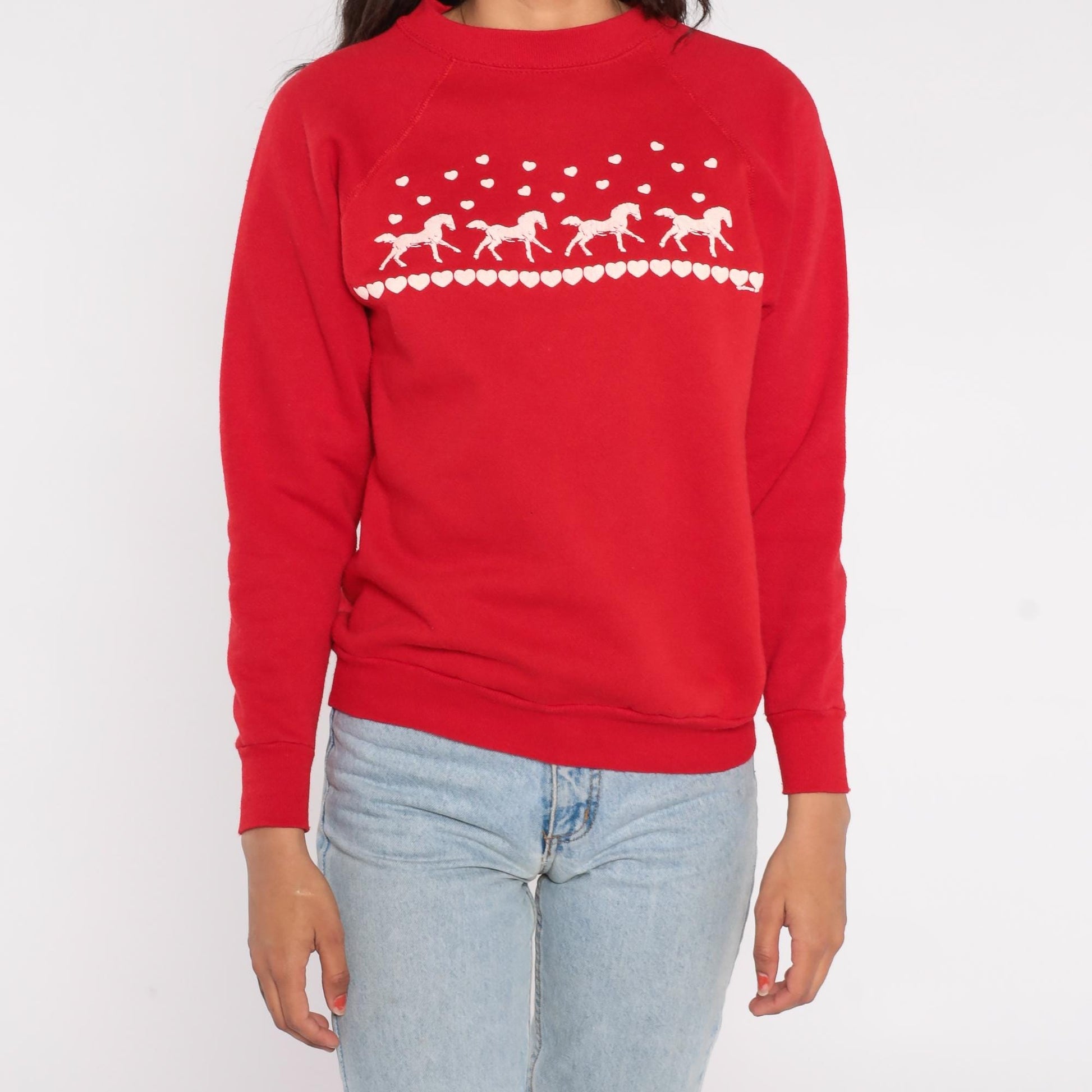 80s Joy Brass Horse Heart Sweatshirt Red Nordic Pattern Raglan Medium