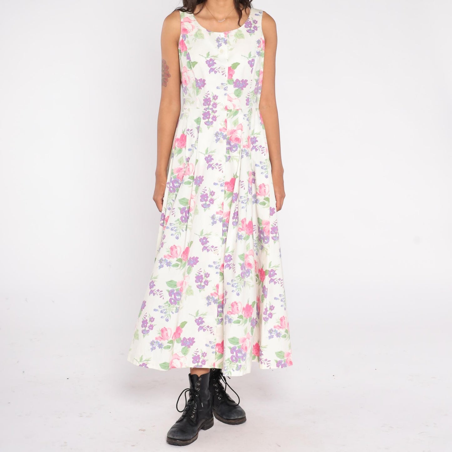 90s Chadwick's Floral Maxi Dress Button Front Cotton Scoop Neck White Pink Purple Large L
