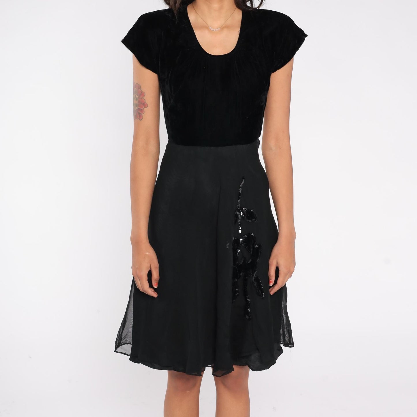1940s Kayo Dress Black Velvet Sequin Floral Applique Fit and Flare Cocktail Dress Extra Small XS