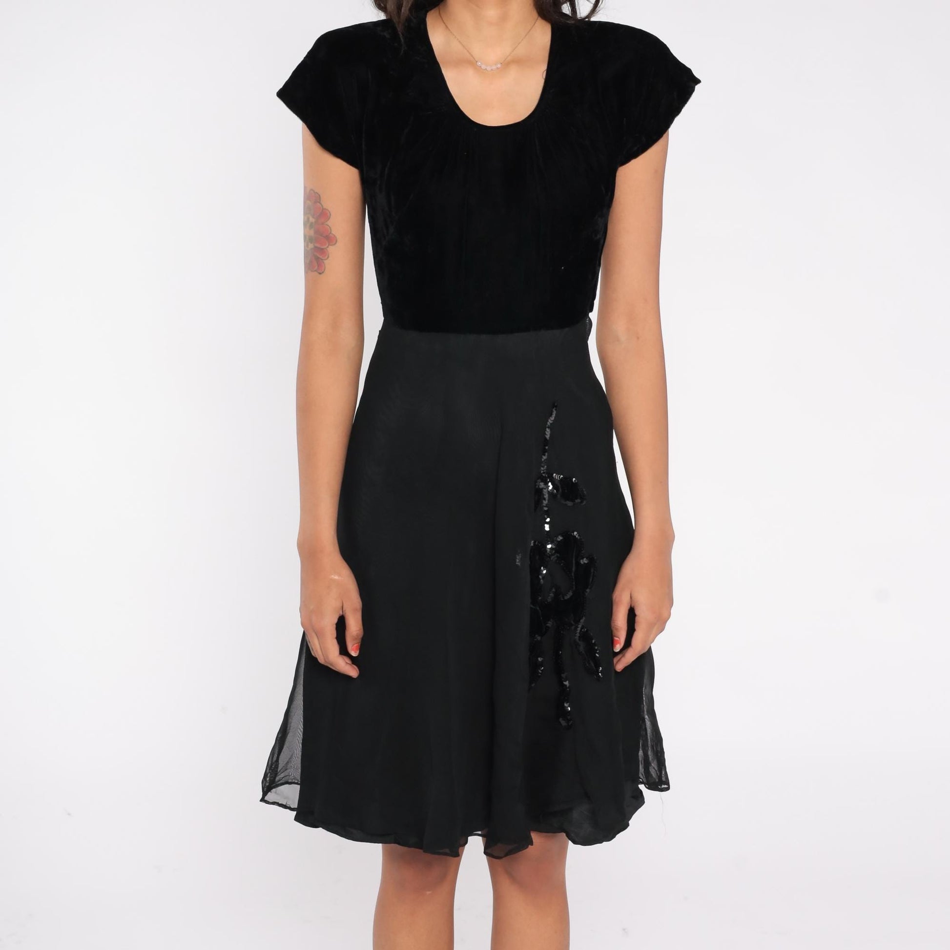 1940s Kayo Dress Black Velvet Sequin Floral Applique Fit and Flare Cocktail Dress Extra Small XS