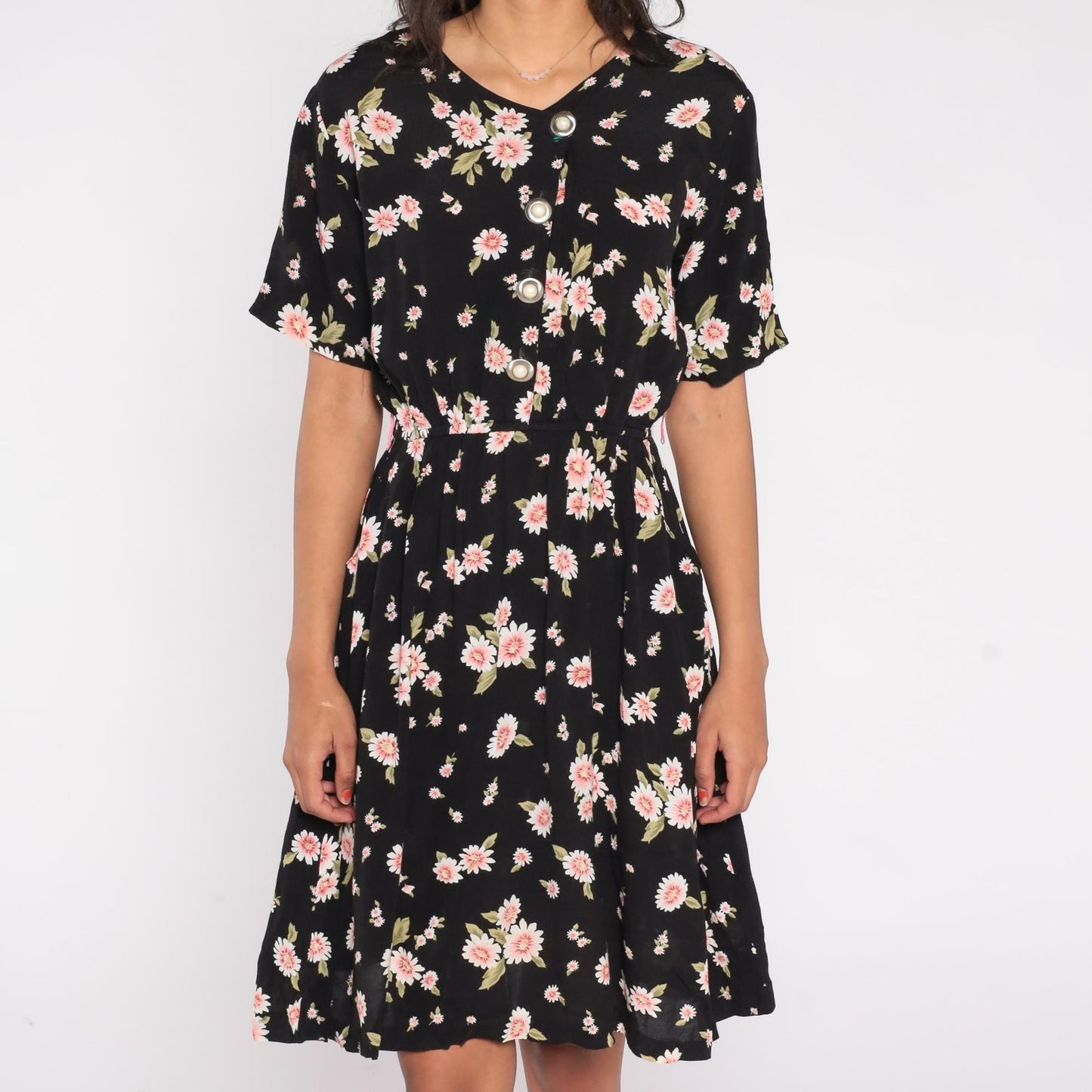 90s Esther Collection Black Daisy Floral Midi Dress Pink Print Small