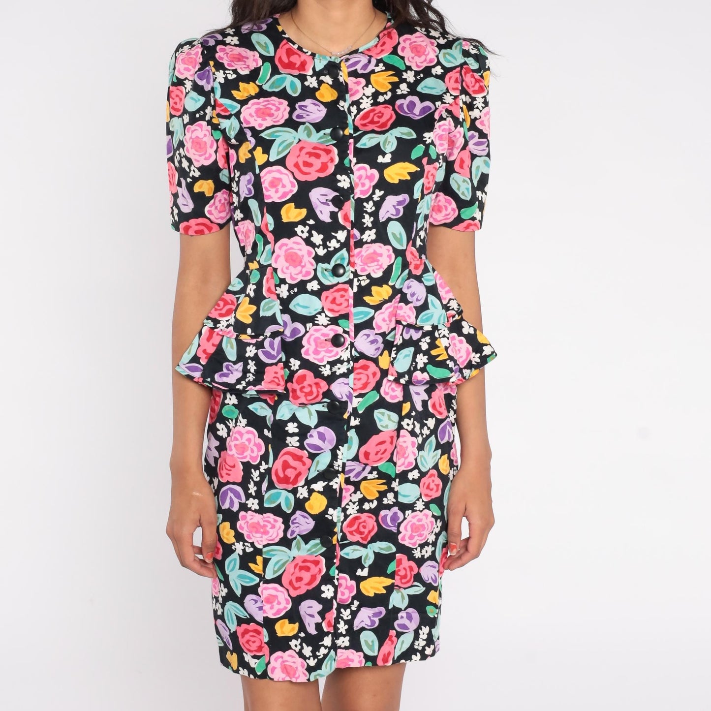 90s Petite Dimensions Floral Peplum Dress Black Cotton Button Front Small