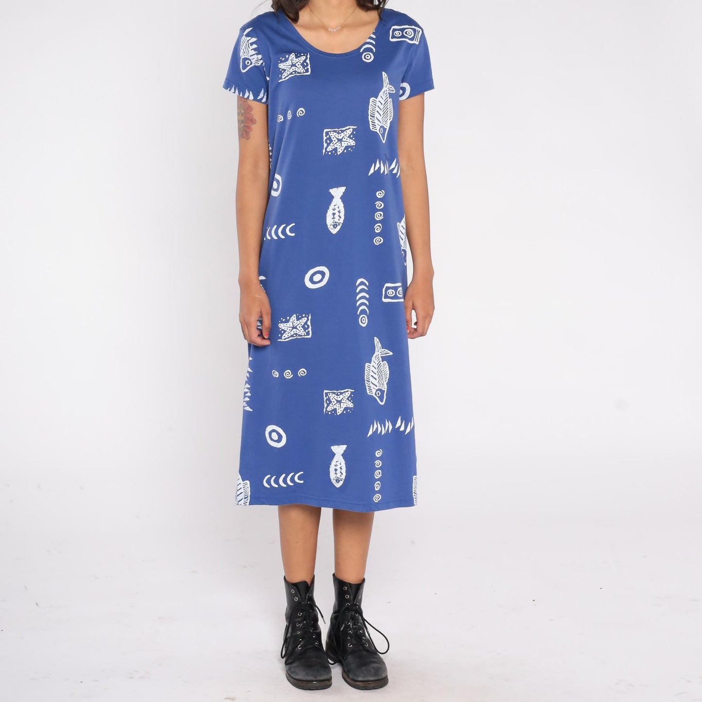 90s Exist Sport Line Blue Fish Print Midi Dress Scoop Neck Short Sleeve Small