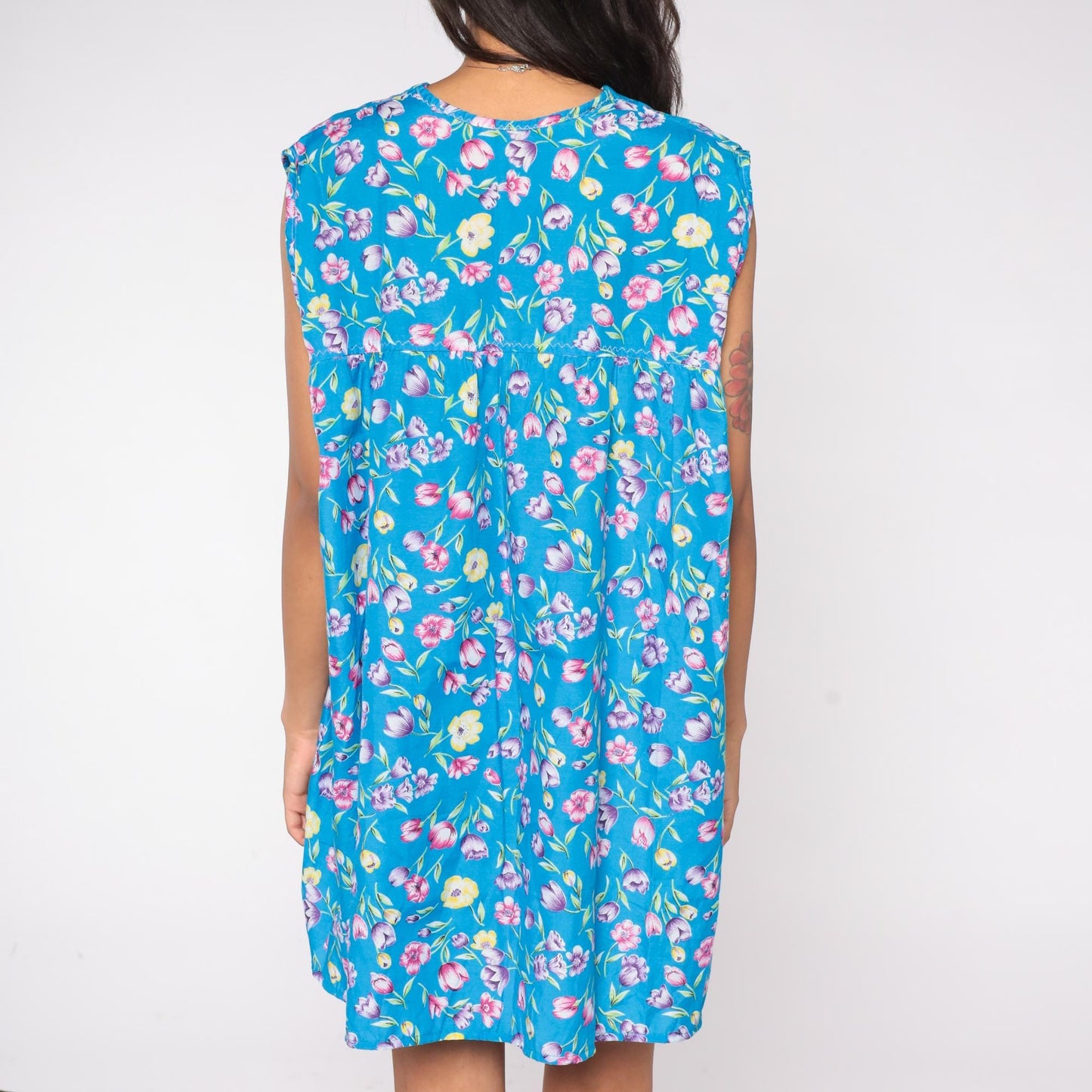80s Blue Floral Tulip Mini Dress Sleeveless V Neck Babydoll Pockets Small